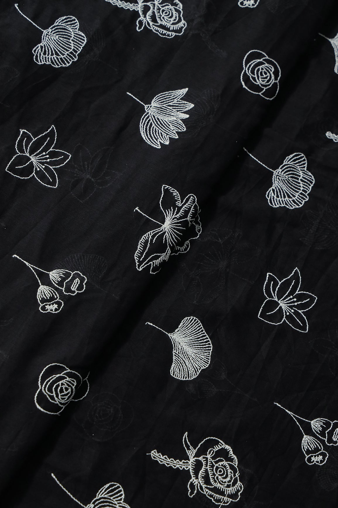 Beautiful White Thread Floral Embroidery Work On Black Pure Mul Cotton Fabric