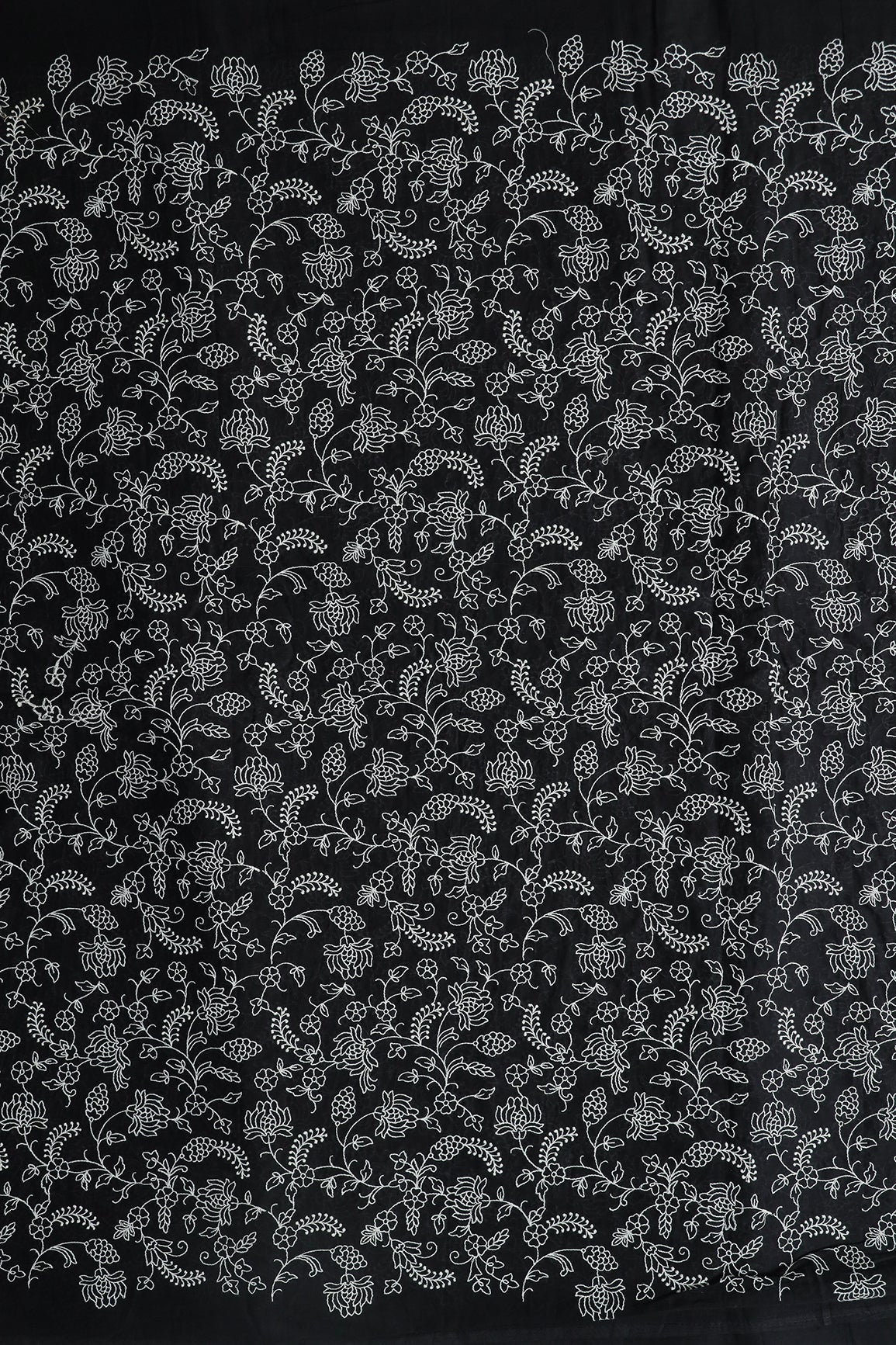 White Thread Beautiful Floral Embroidery Work On Pure Black Mul Cotton Fabric