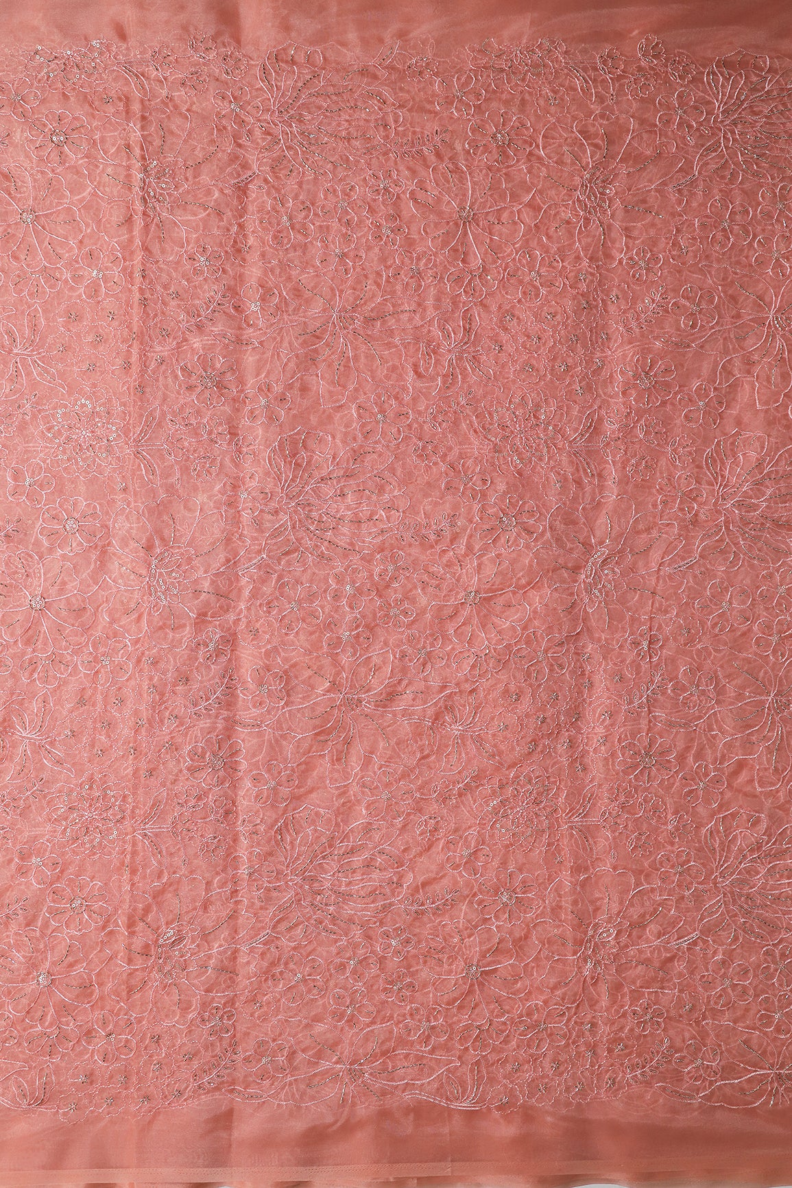 Peach Thread & Beads With Sequins Floral Embroidery Work On Peach Organza Fabric