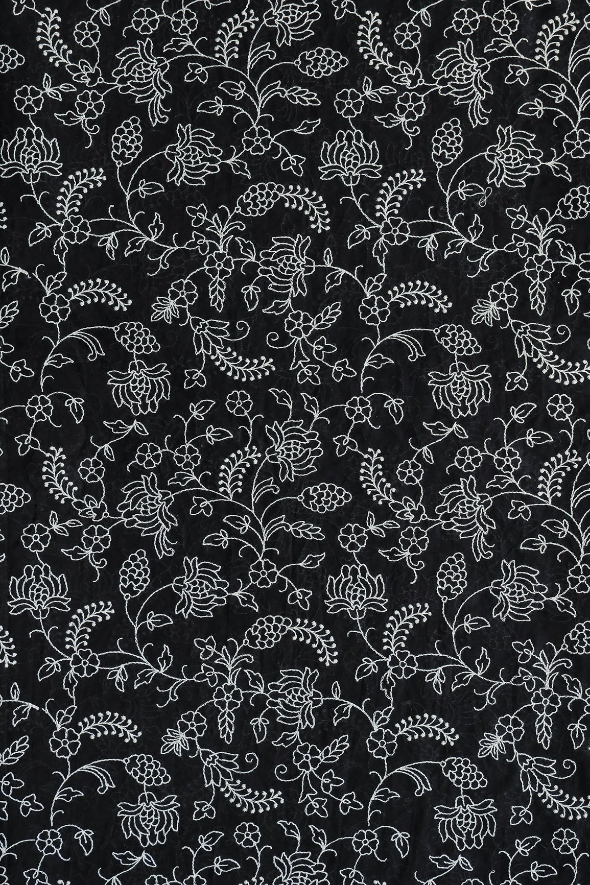 White Thread Beautiful Floral Embroidery Work On Pure Black Mul Cotton Fabric