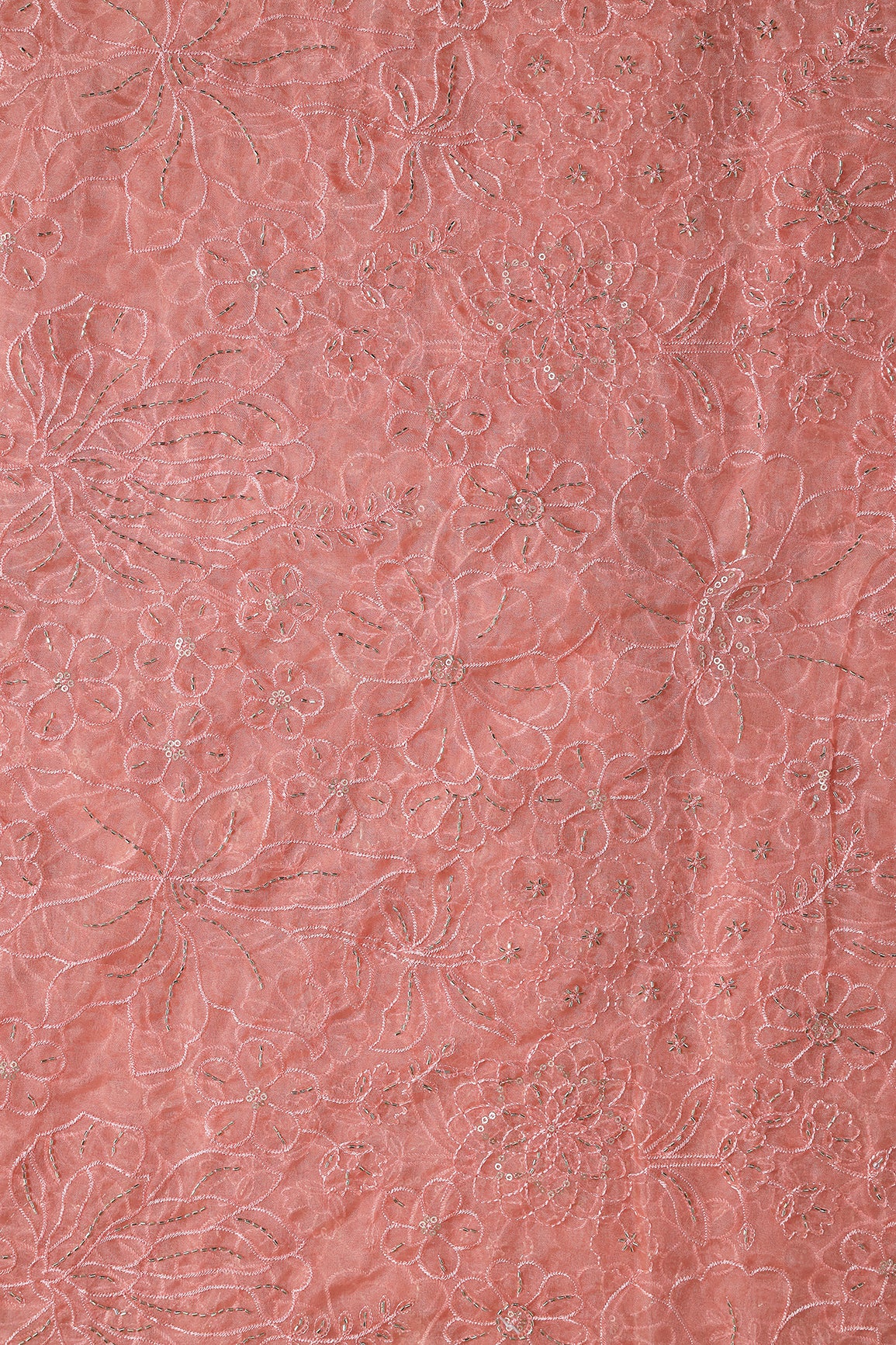 Peach Thread & Beads With Sequins Floral Embroidery Work On Peach Organza Fabric