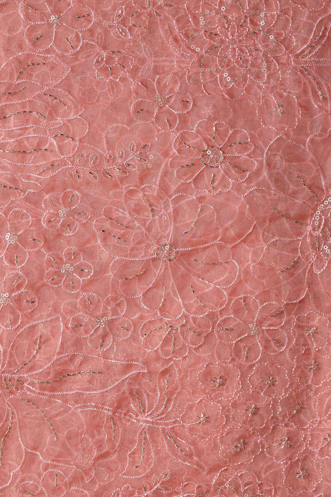 Peach Thread & Beads With Sequins Floral Embroidery Work On Peach Organza Fabric
