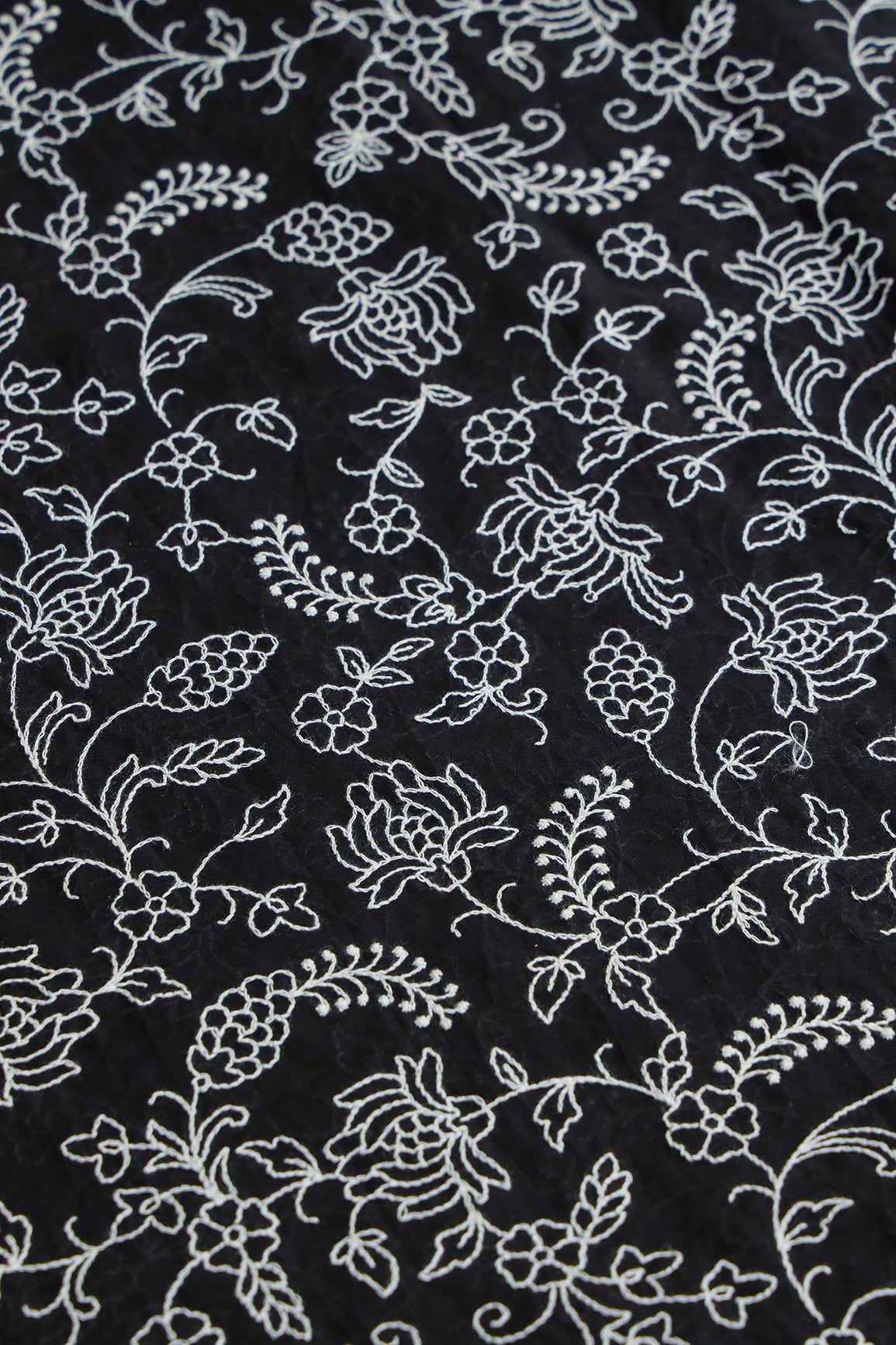 White Thread Beautiful Floral Embroidery Work On Pure Black Mul Cotton Fabric