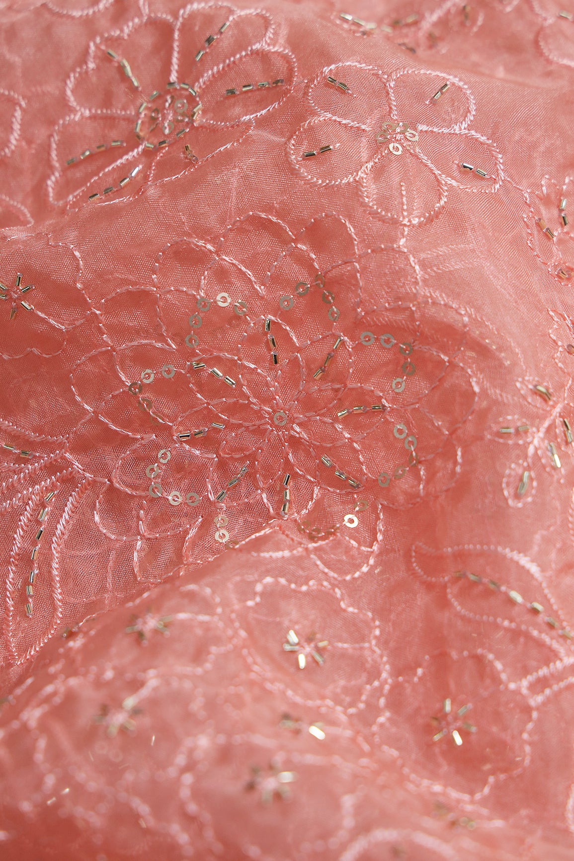 Peach Thread & Beads With Sequins Floral Embroidery Work On Peach Organza Fabric