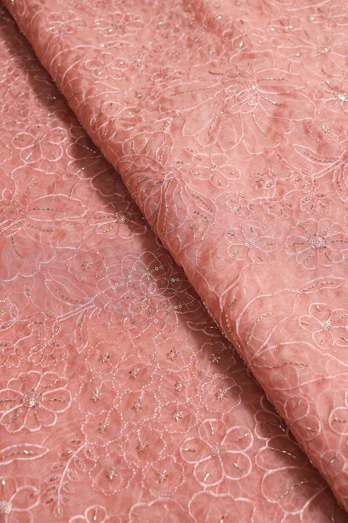 Peach Thread & Beads With Sequins Floral Embroidery Work On Peach Organza Fabric