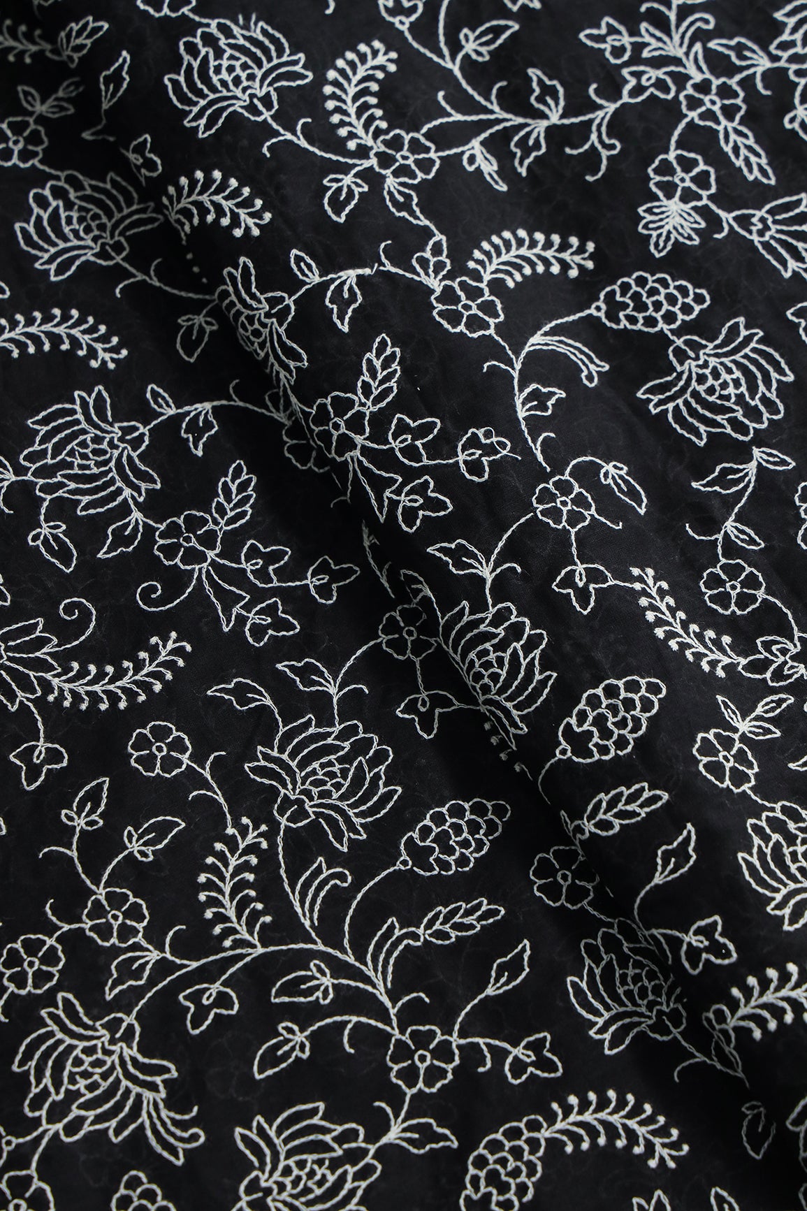 White Thread Beautiful Floral Embroidery Work On Pure Black Mul Cotton Fabric