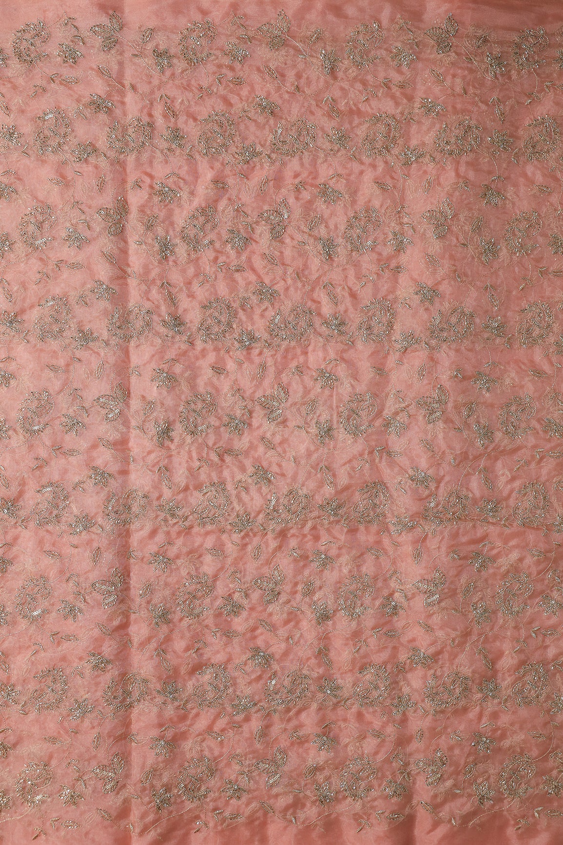 Gold Sequins & Beads With Zari Floral Leafy Paisley Embroidery Work On Peach Organza Fabric