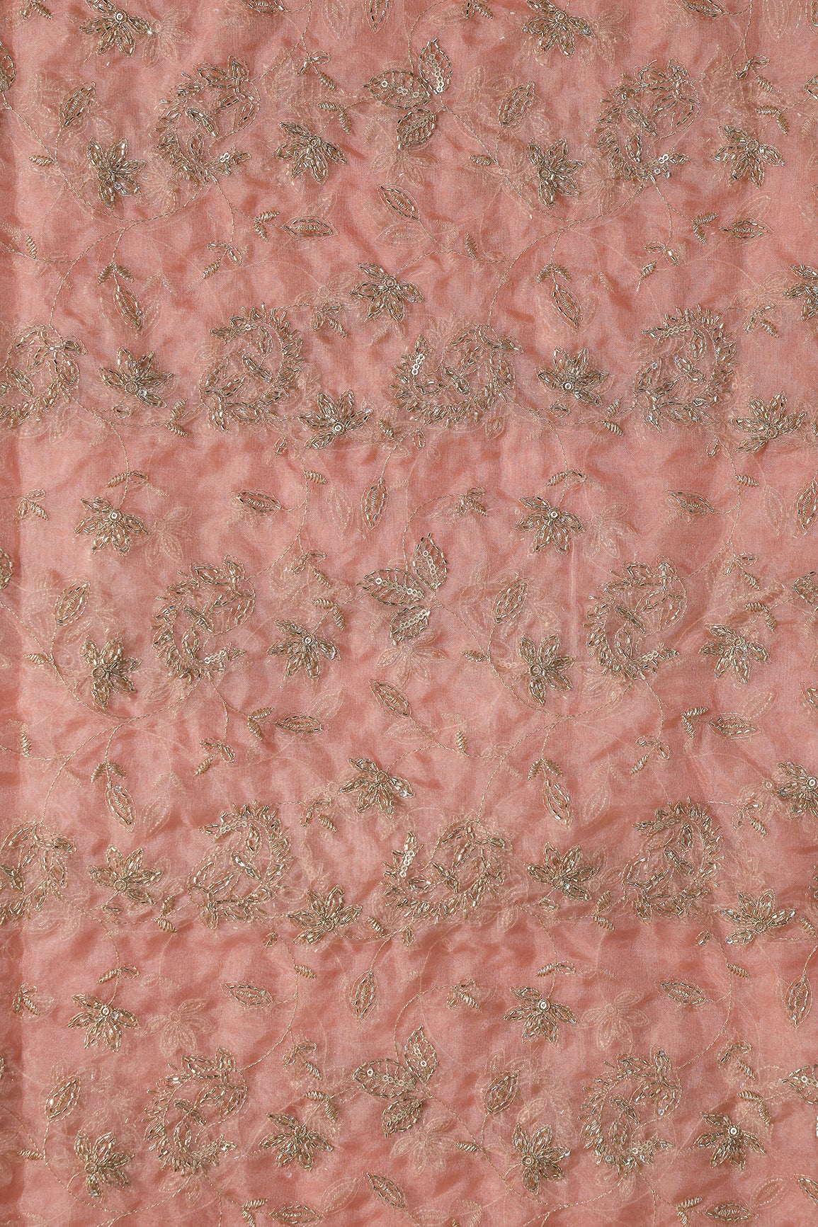 Gold Sequins & Beads With Zari Floral Leafy Paisley Embroidery Work On Peach Organza Fabric