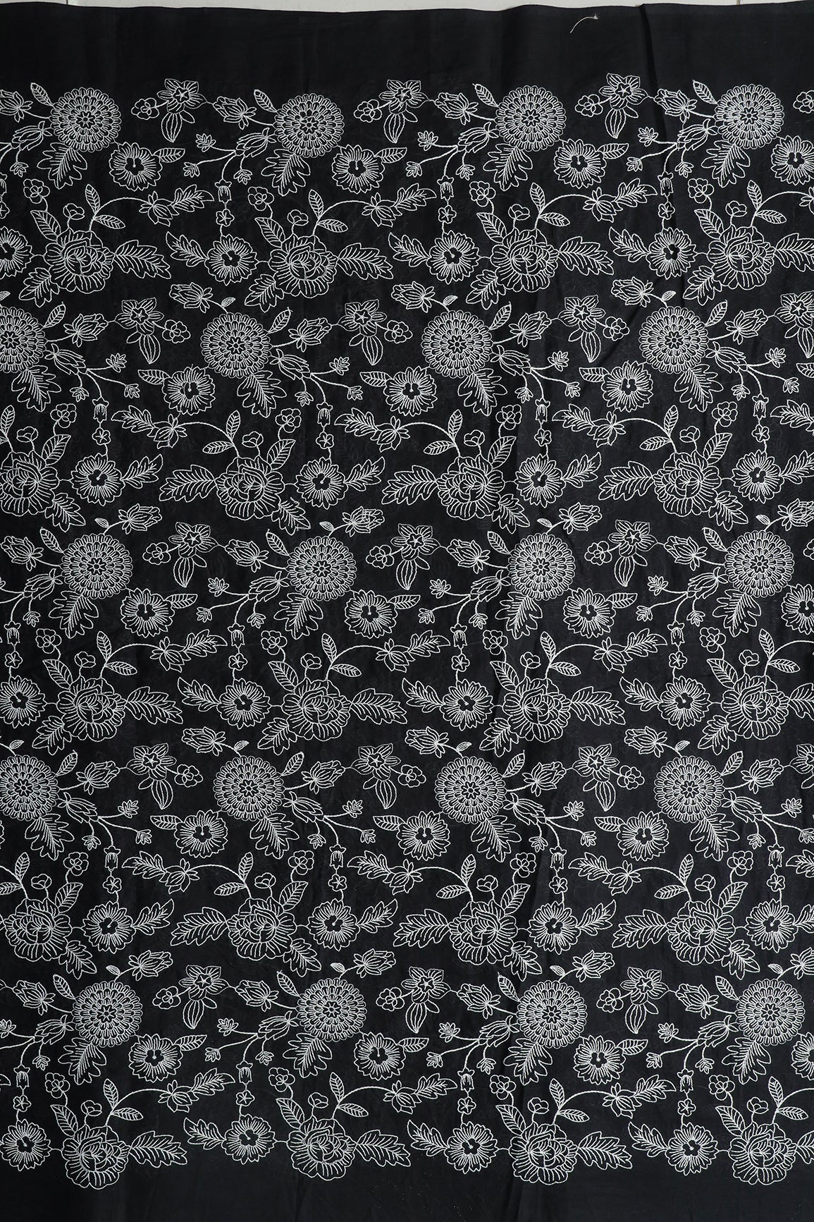 Beautiful White Thread Floral Embroidery Work On Black Pure Mul Cotton Fabric