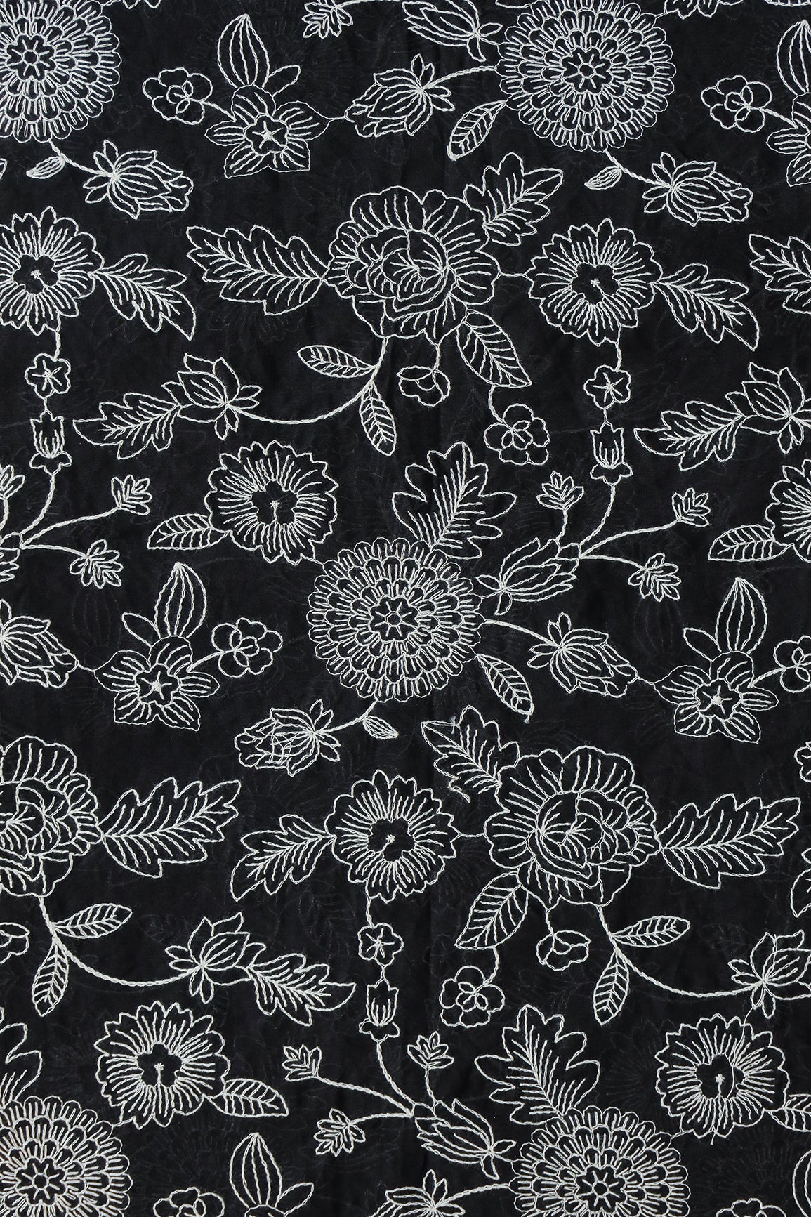 Beautiful White Thread Floral Embroidery Work On Black Pure Mul Cotton Fabric