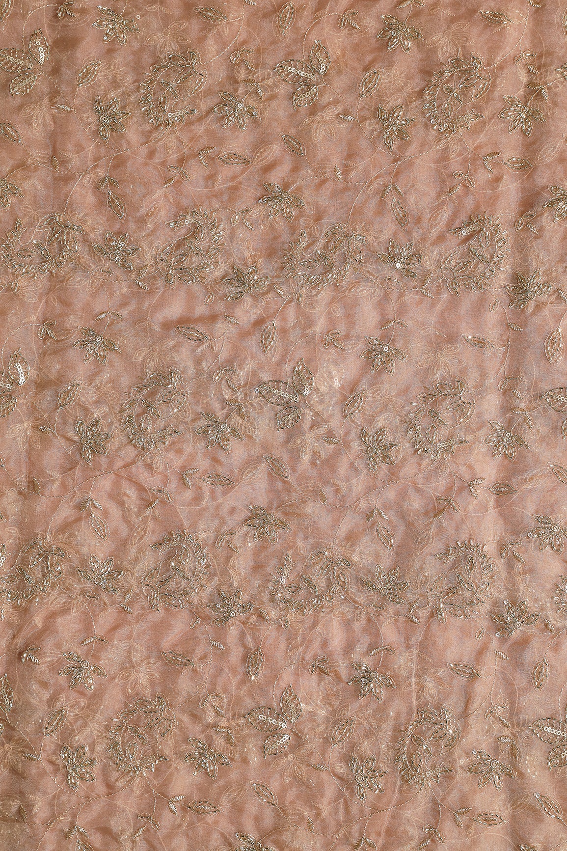Gold Sequins & Beads With Zari Floral Leafy Paisley Embroidery Work On Light Brown Organza Fabric
