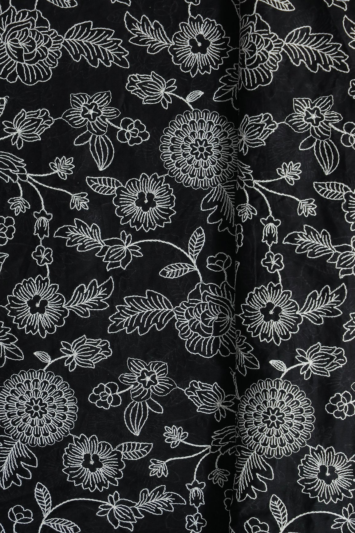 Beautiful White Thread Floral Embroidery Work On Black Pure Mul Cotton Fabric