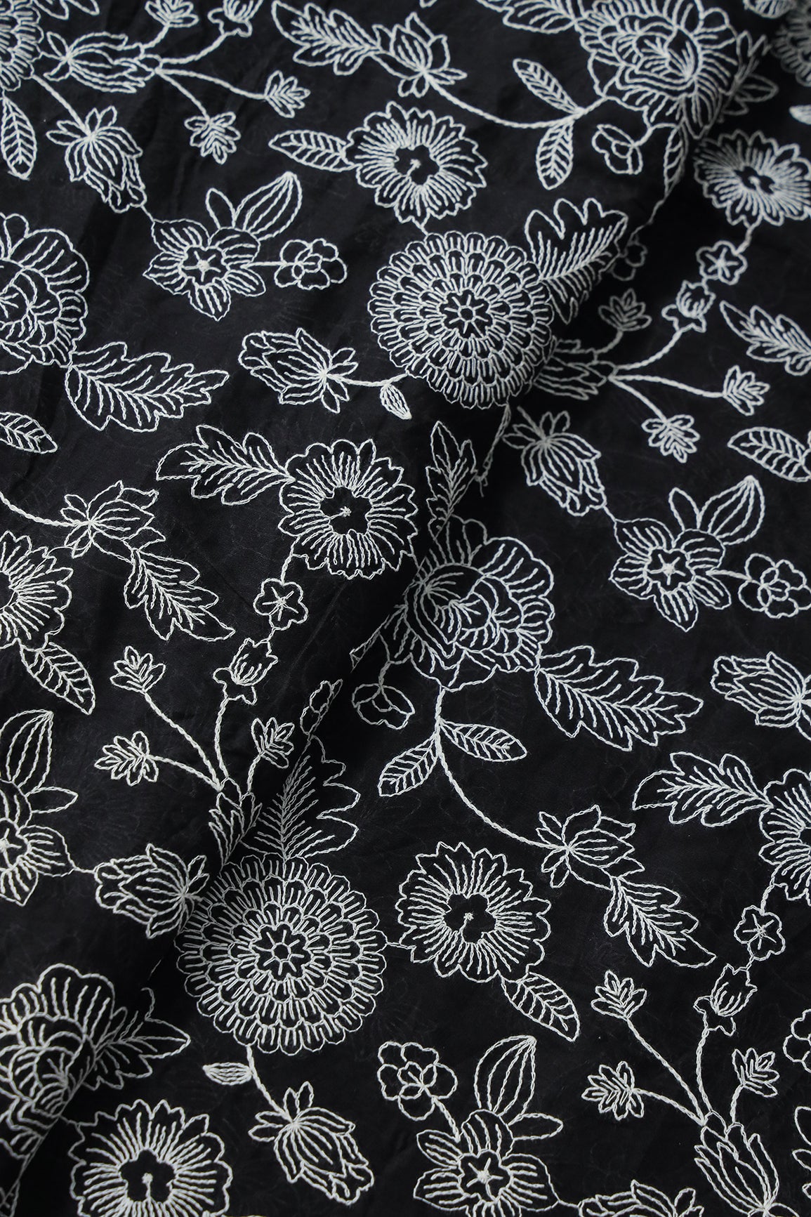 Beautiful White Thread Floral Embroidery Work On Black Pure Mul Cotton Fabric