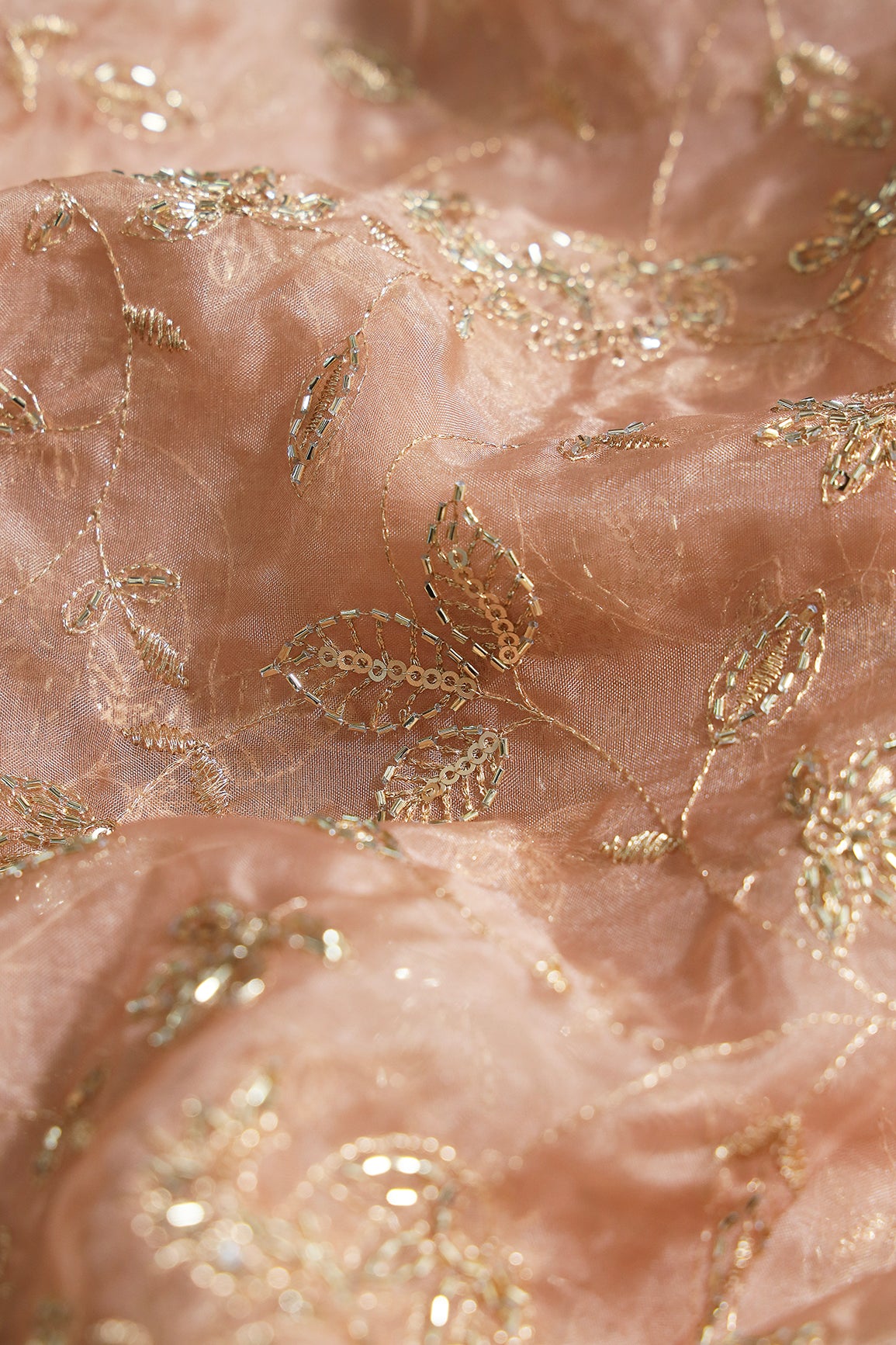Gold Sequins & Beads With Zari Floral Leafy Paisley Embroidery Work On Light Brown Organza Fabric