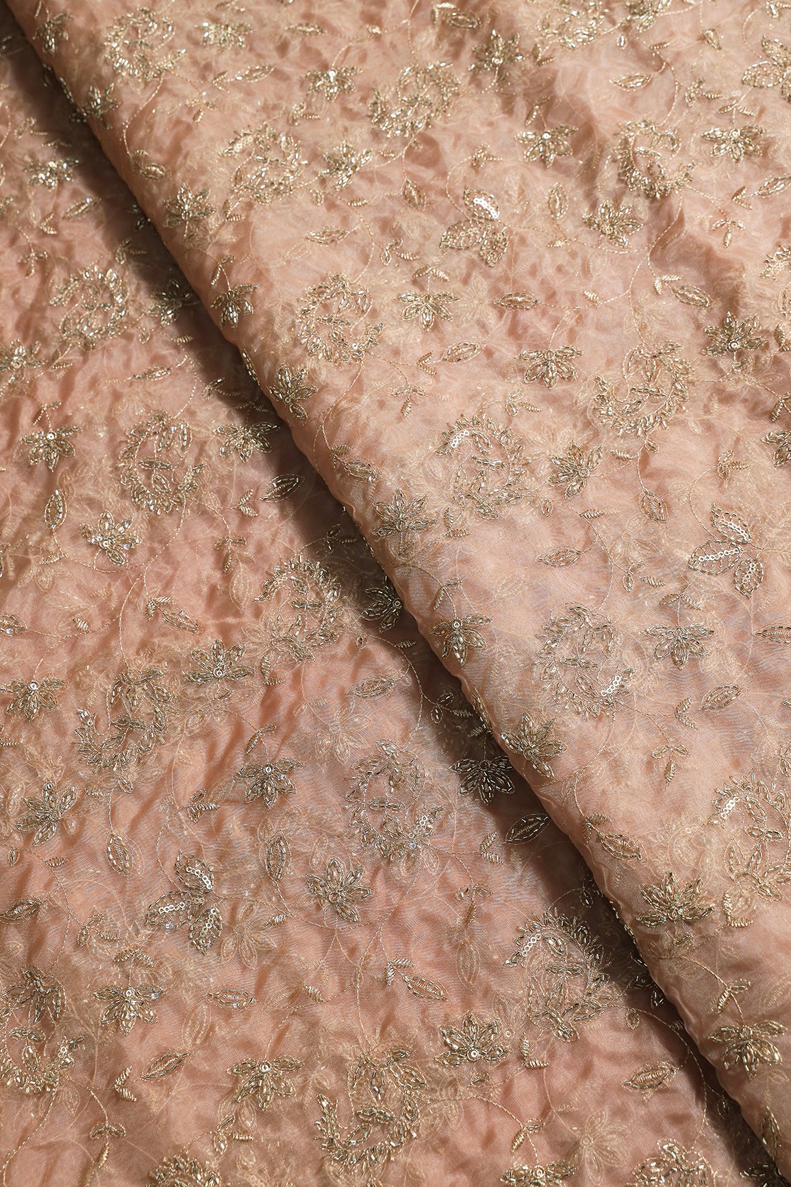 Gold Sequins & Beads With Zari Floral Leafy Paisley Embroidery Work On Light Brown Organza Fabric