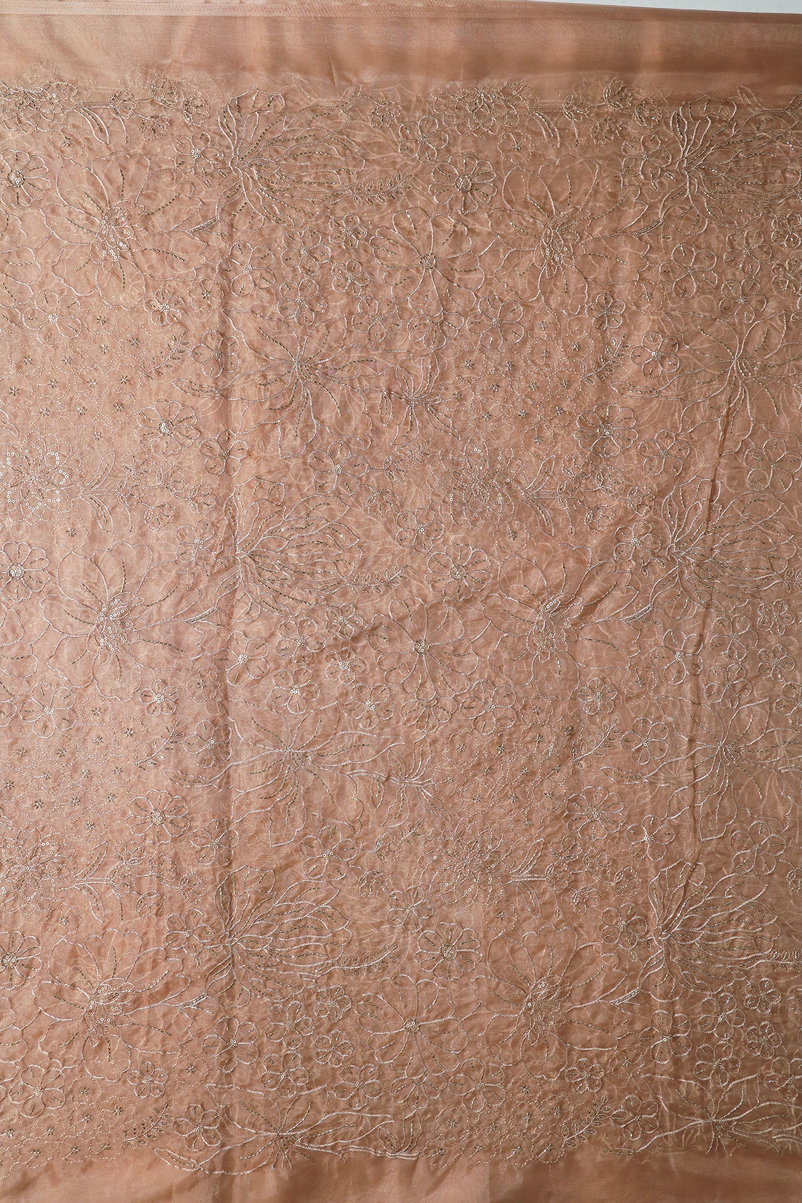 Light Brown Thread & Beads With Sequins Floral Embroidery Work On Light Brown Organza Fabric