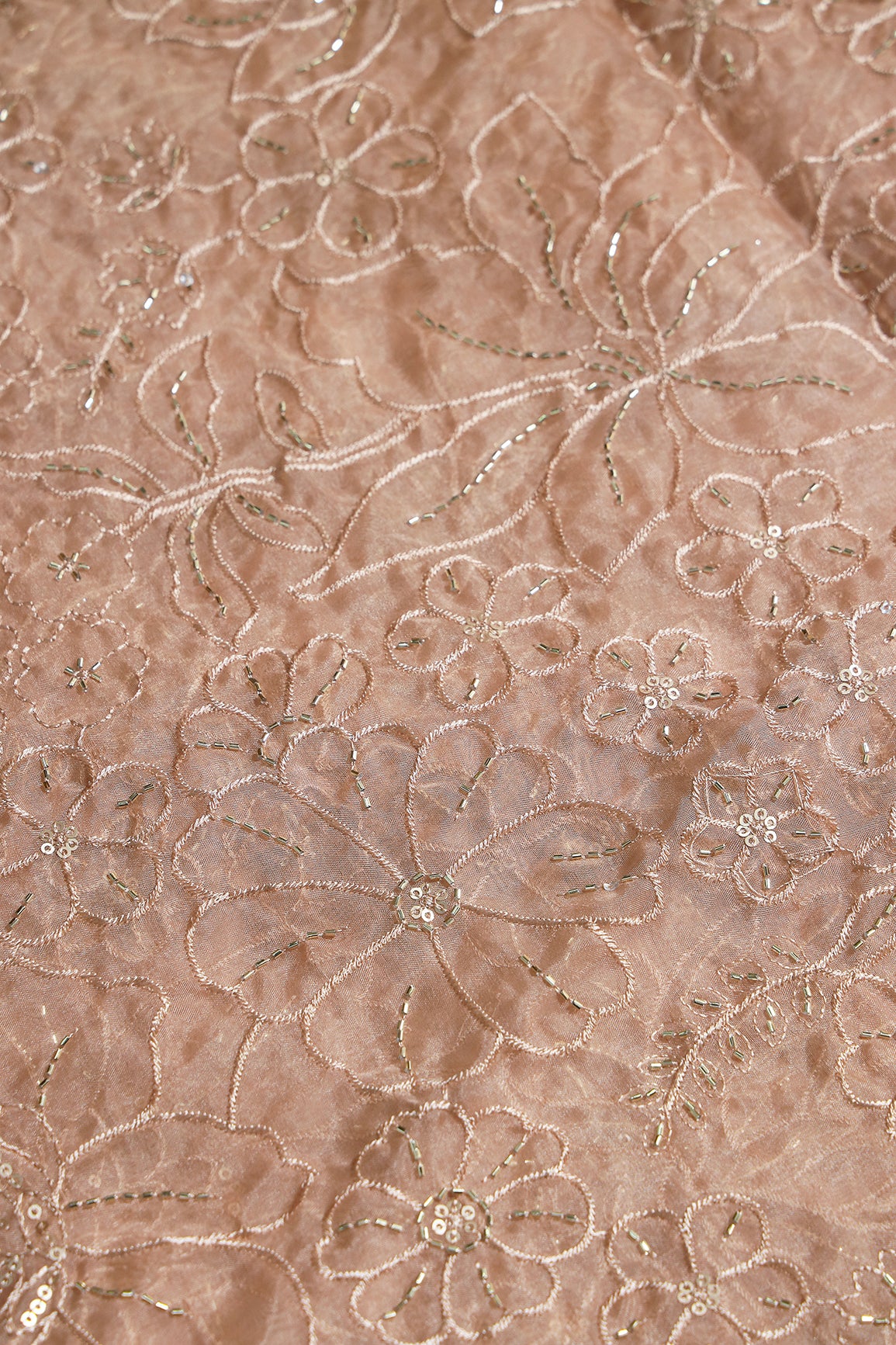 Light Brown Thread & Beads With Sequins Floral Embroidery Work On Light Brown Organza Fabric