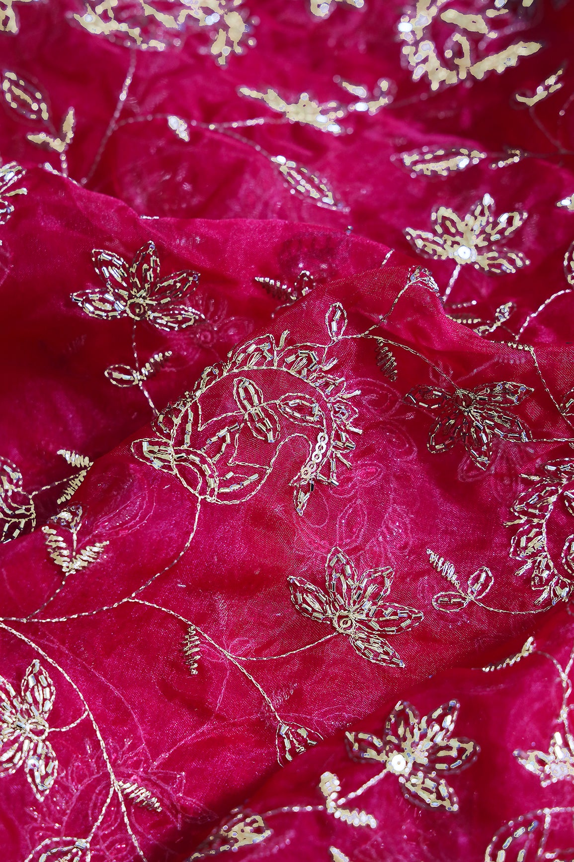 Gold Sequins & Beads With Zari Floral Leafy Paisley Embroidery Work On Rani Organza Fabric