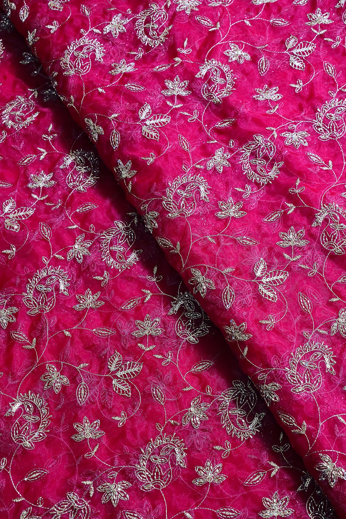 Gold Sequins & Beads With Zari Floral Leafy Paisley Embroidery Work On Rani Organza Fabric