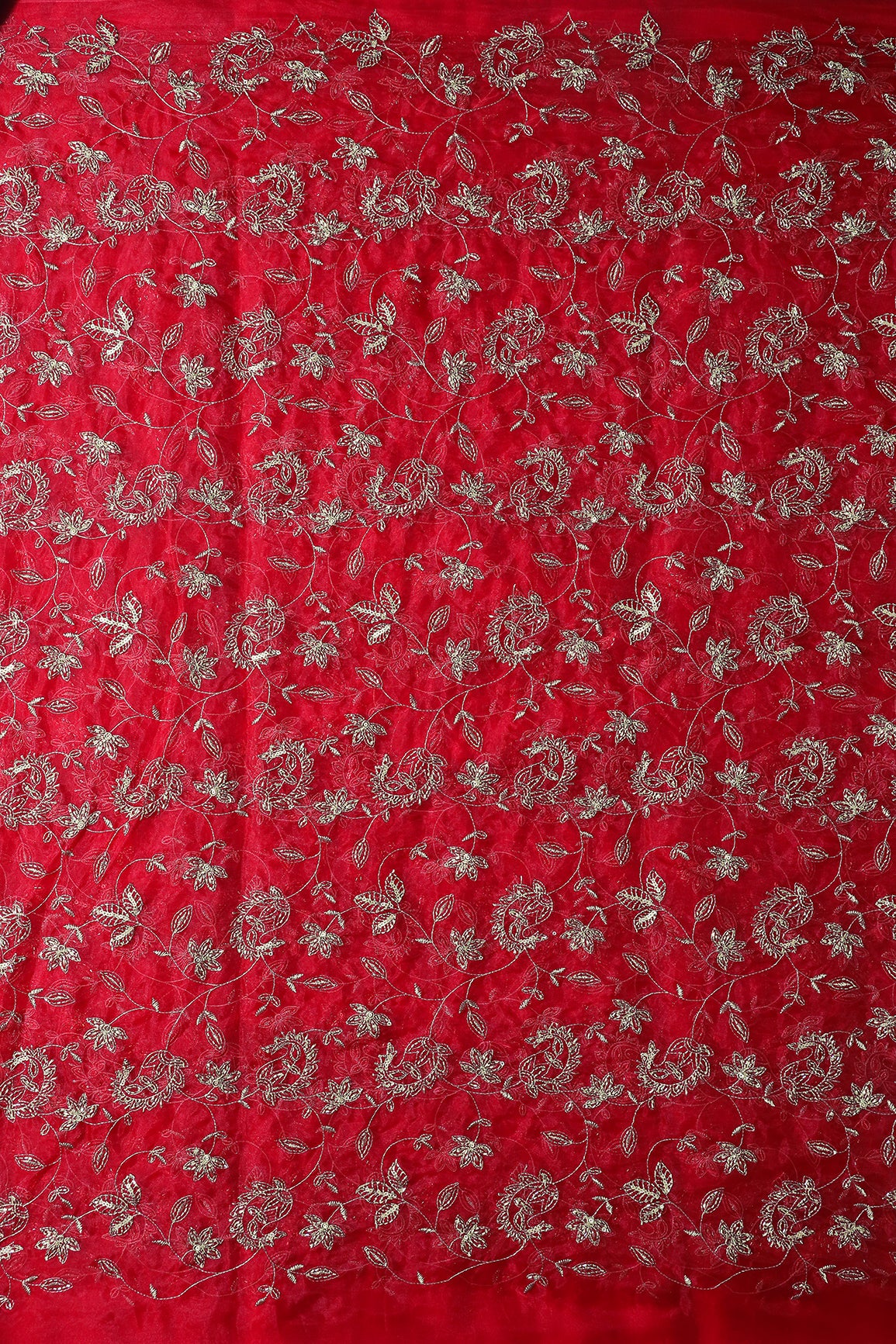 Gold Sequins & Beads With Zari Floral Leafy Paisley Embroidery Work On Red Organza Fabric