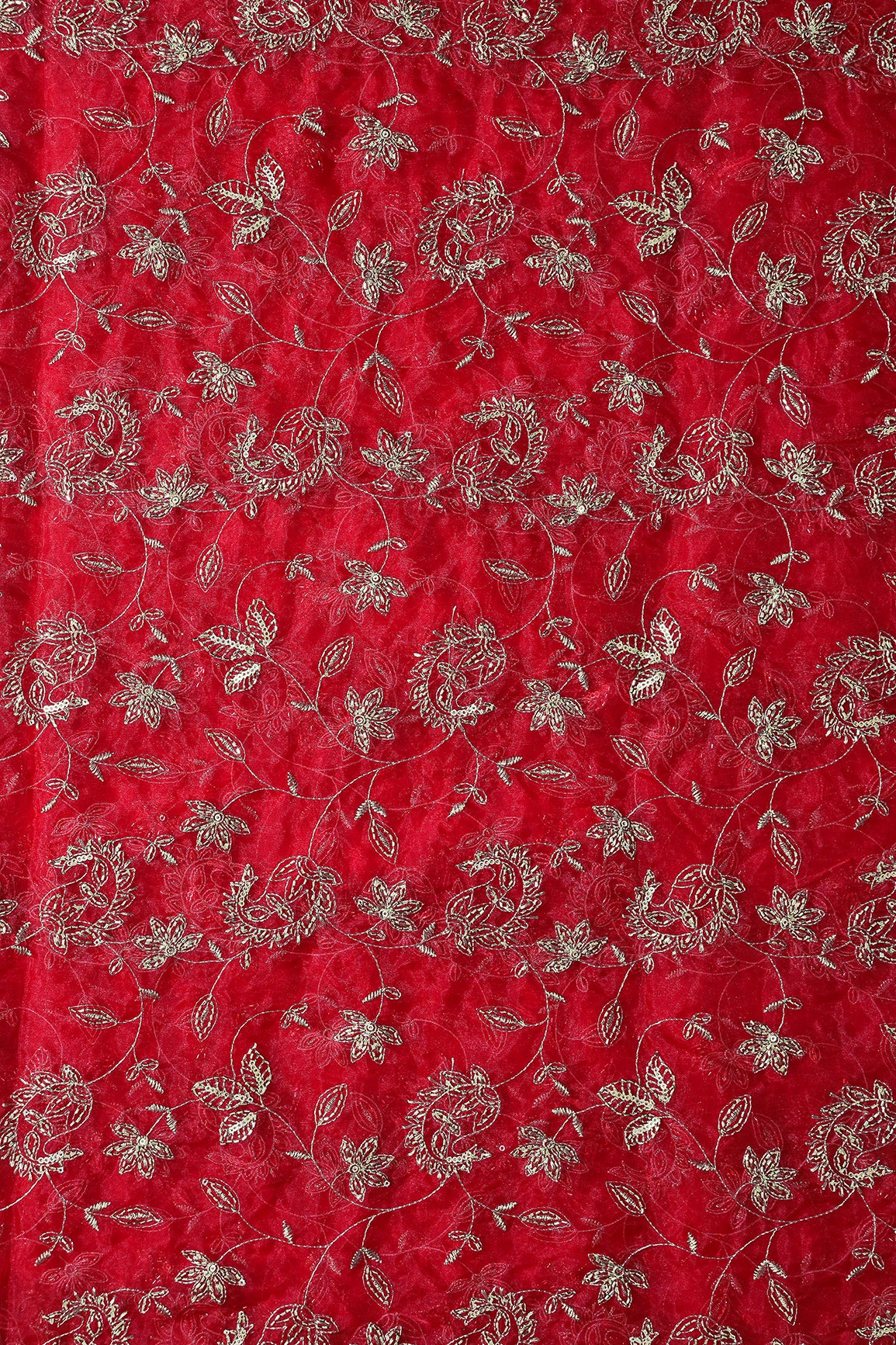 Gold Sequins & Beads With Zari Floral Leafy Paisley Embroidery Work On Red Organza Fabric