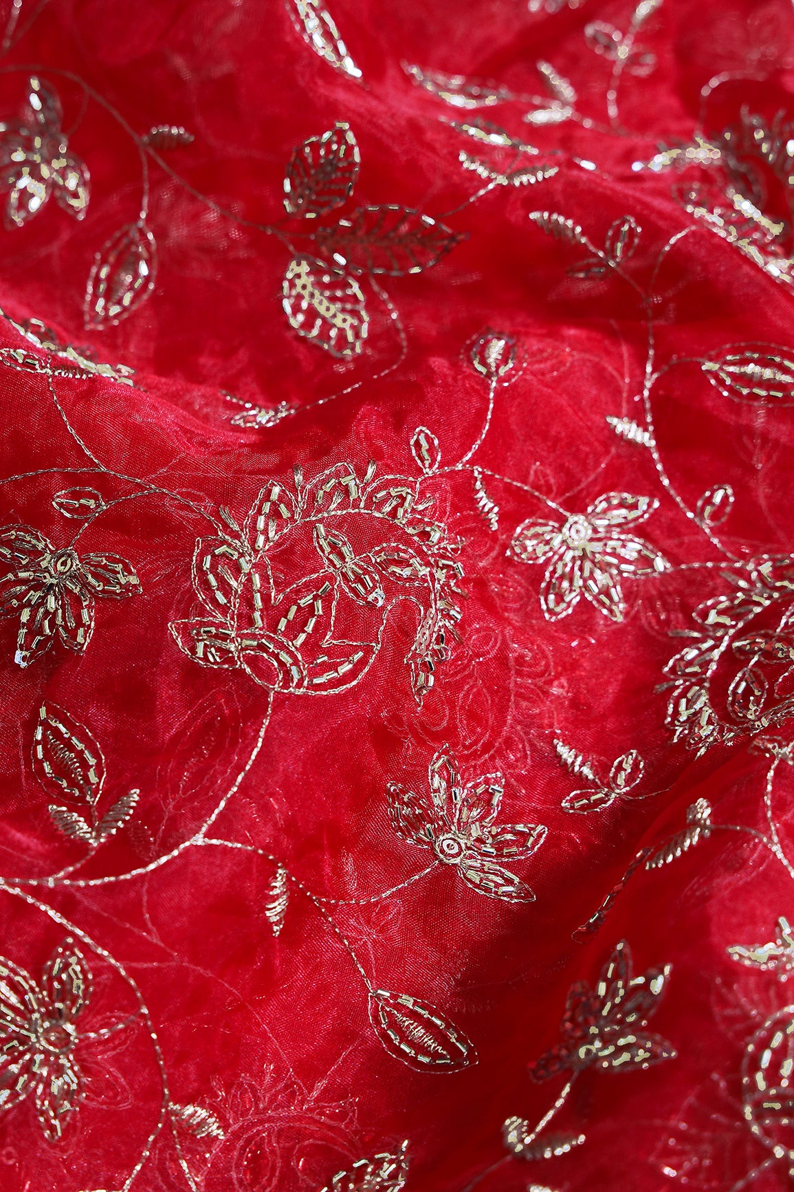 Gold Sequins & Beads With Zari Floral Leafy Paisley Embroidery Work On Red Organza Fabric