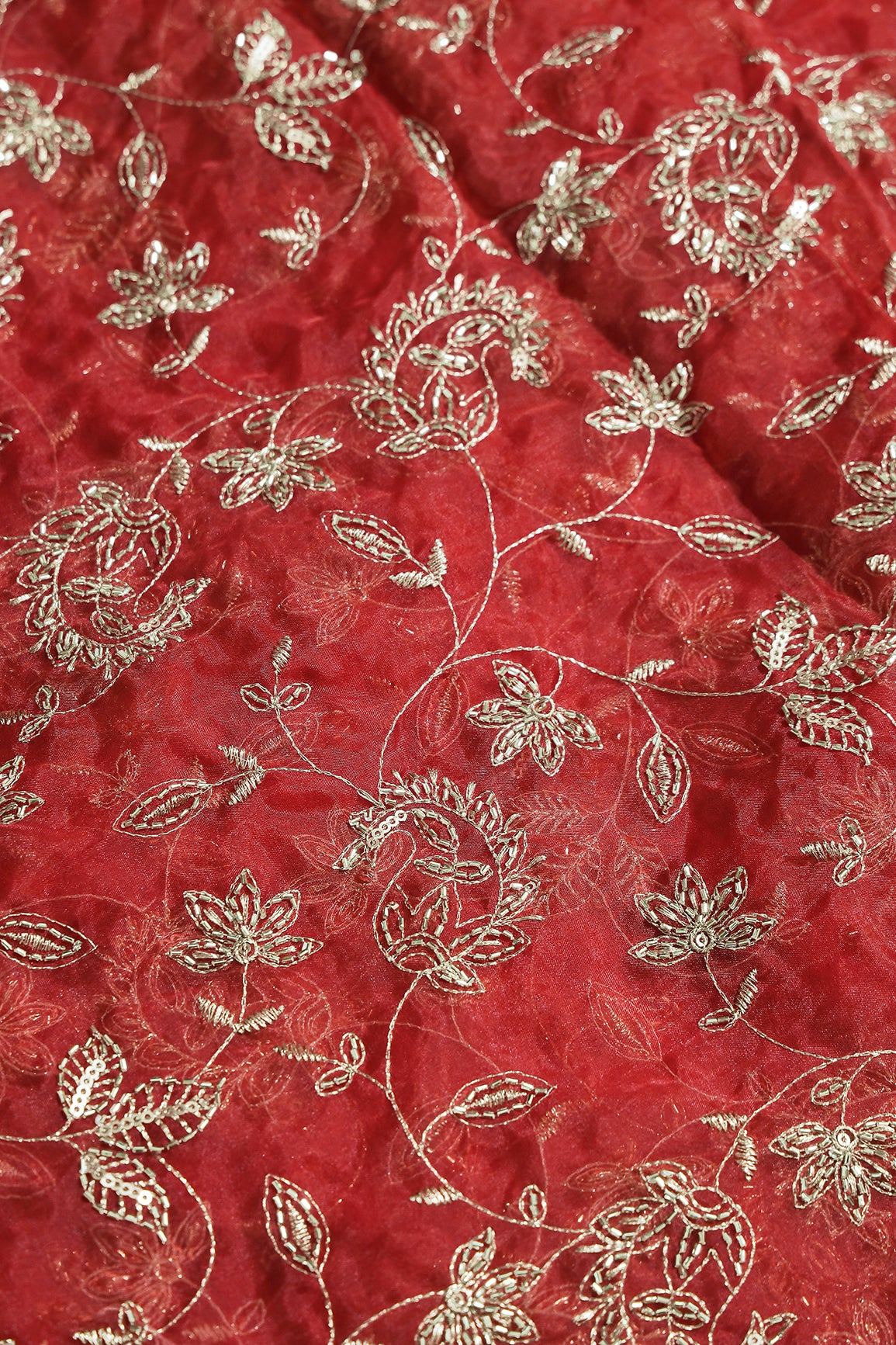Gold Sequins & Beads With Zari Floral Leafy Paisley Embroidery Work On Rust Organza Fabric