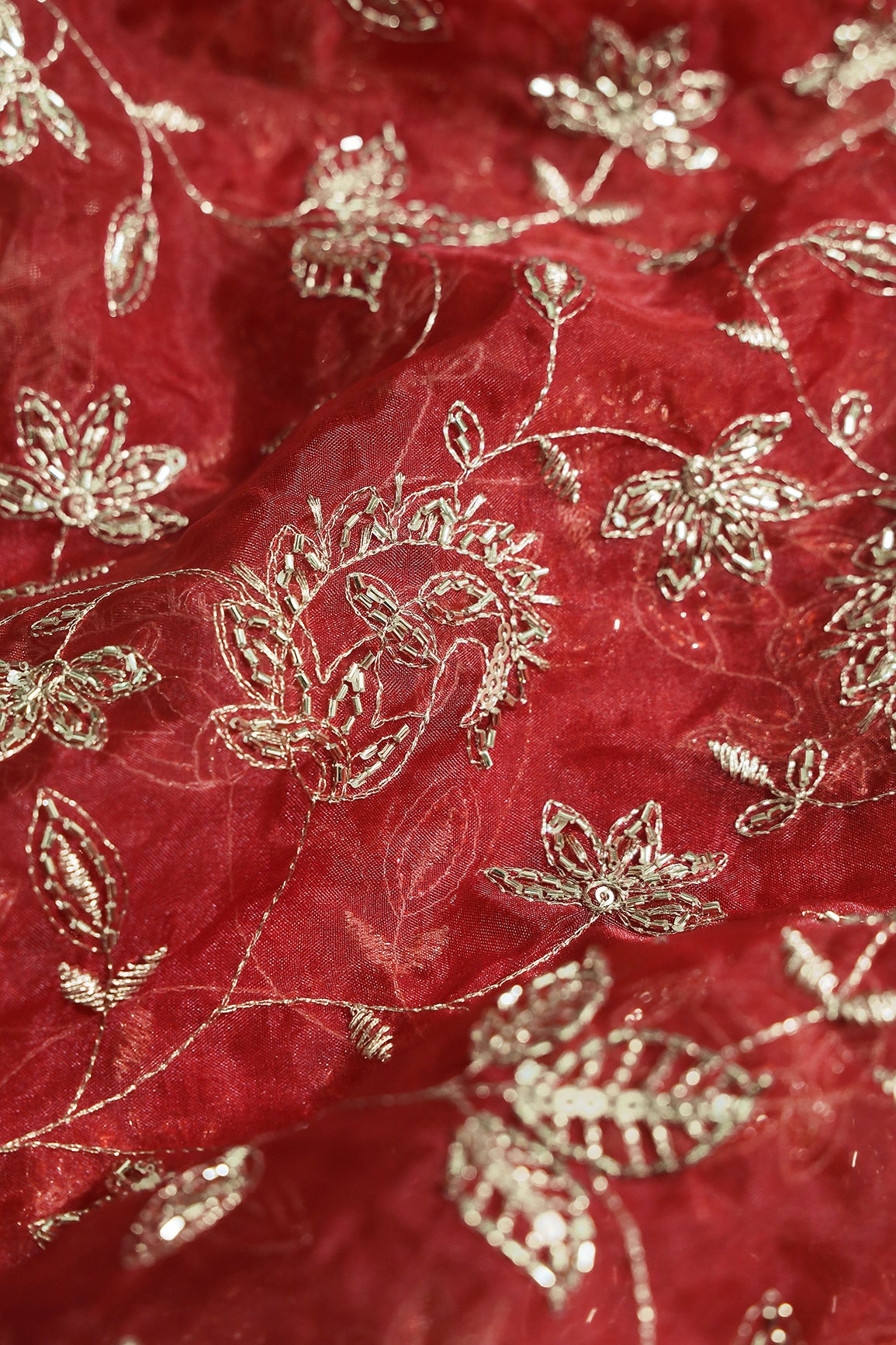Gold Sequins & Beads With Zari Floral Leafy Paisley Embroidery Work On Rust Organza Fabric