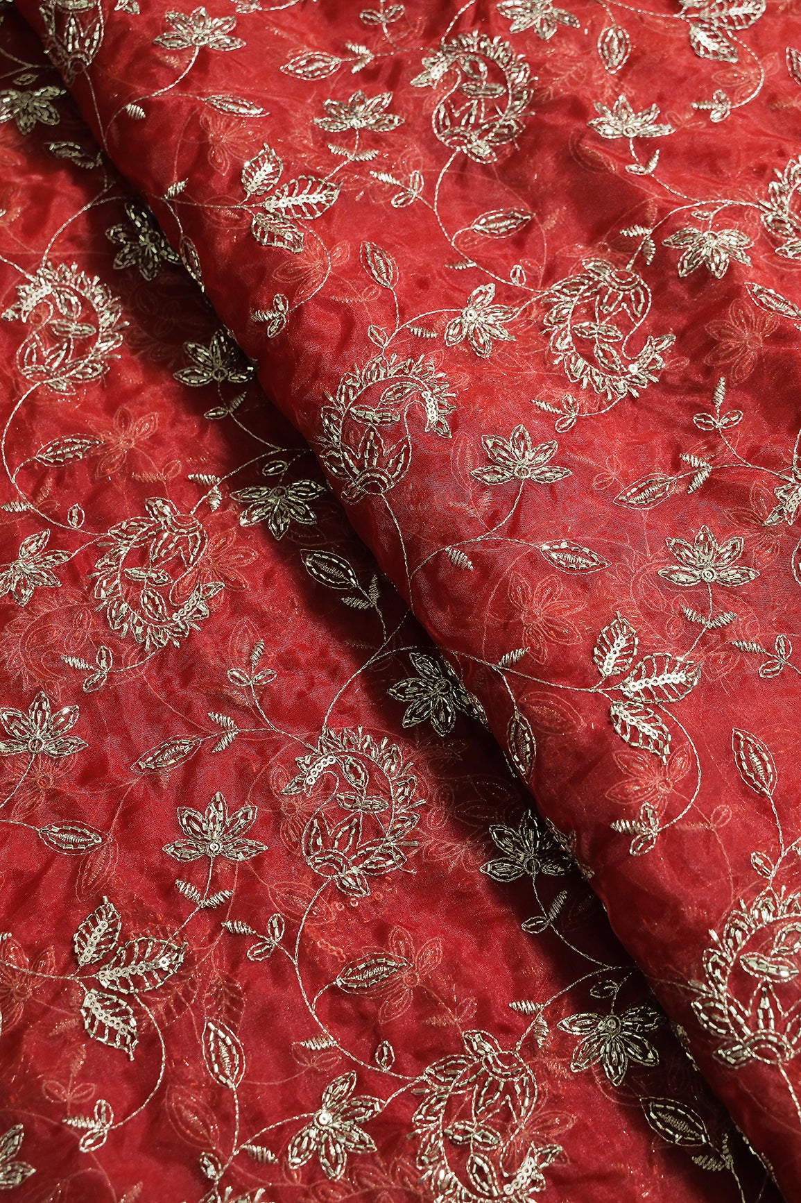 Gold Sequins & Beads With Zari Floral Leafy Paisley Embroidery Work On Rust Organza Fabric