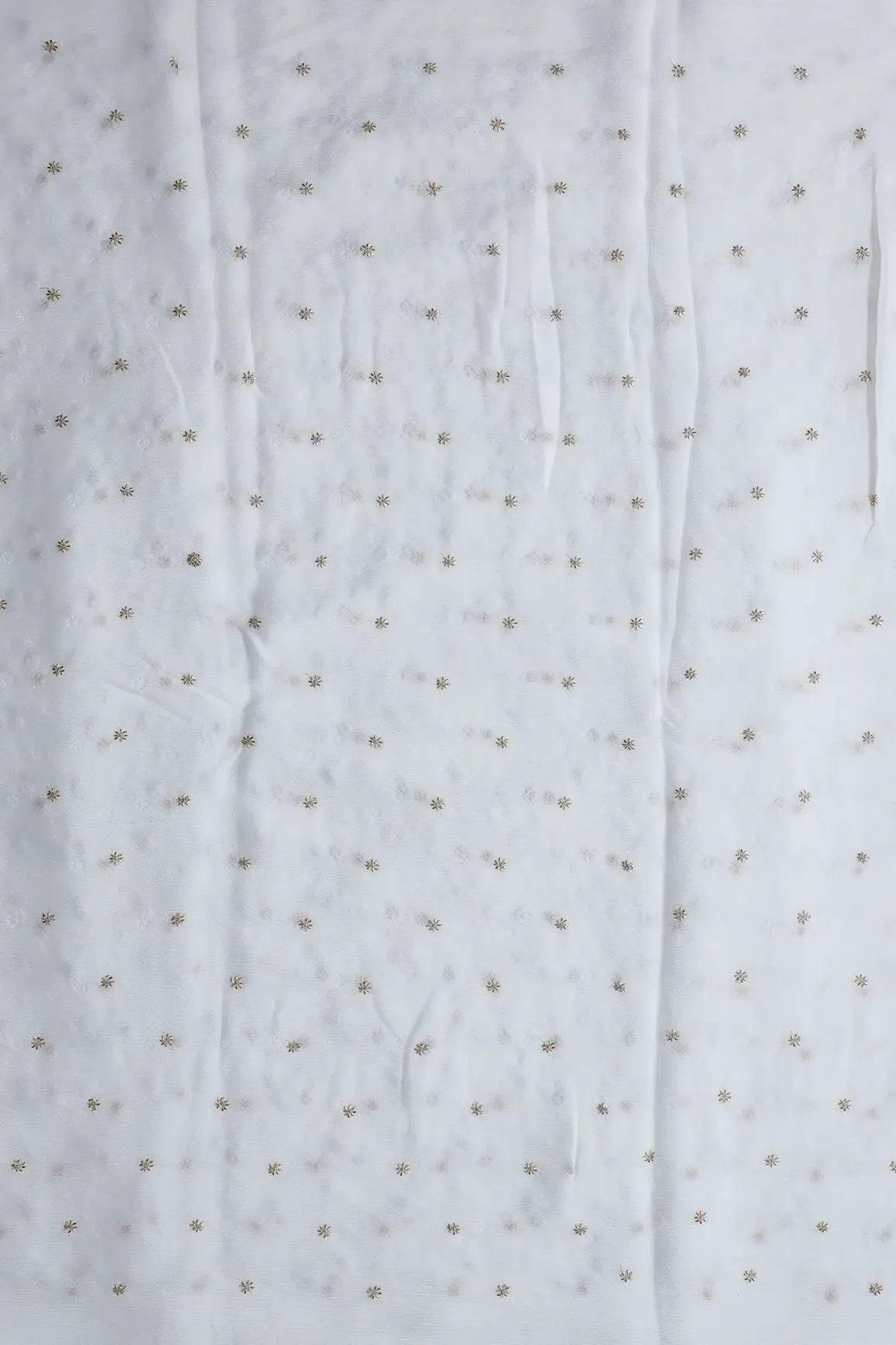 Gold Beads Cut Dana Motif Embroidery Work On White Dyeable Chinnon Chiffon Fabric