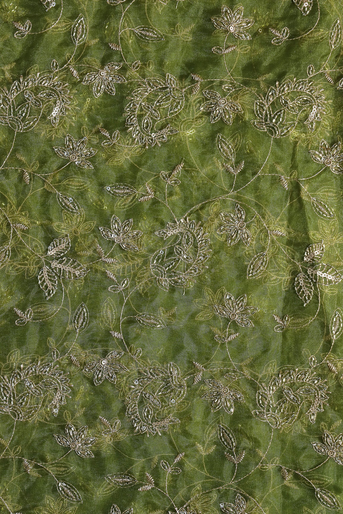 Gold Sequins & Beads With Zari Floral Leafy Paisley Embroidery Work On Green Organza Fabric