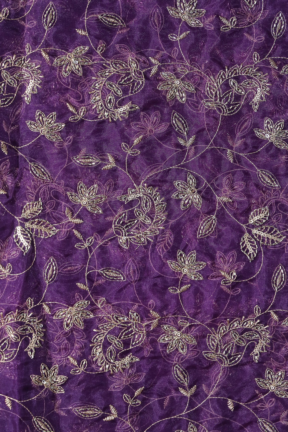 Gold Sequins & Beads With Zari Floral Leafy Paisley Embroidery Work On Purple Organza Fabric