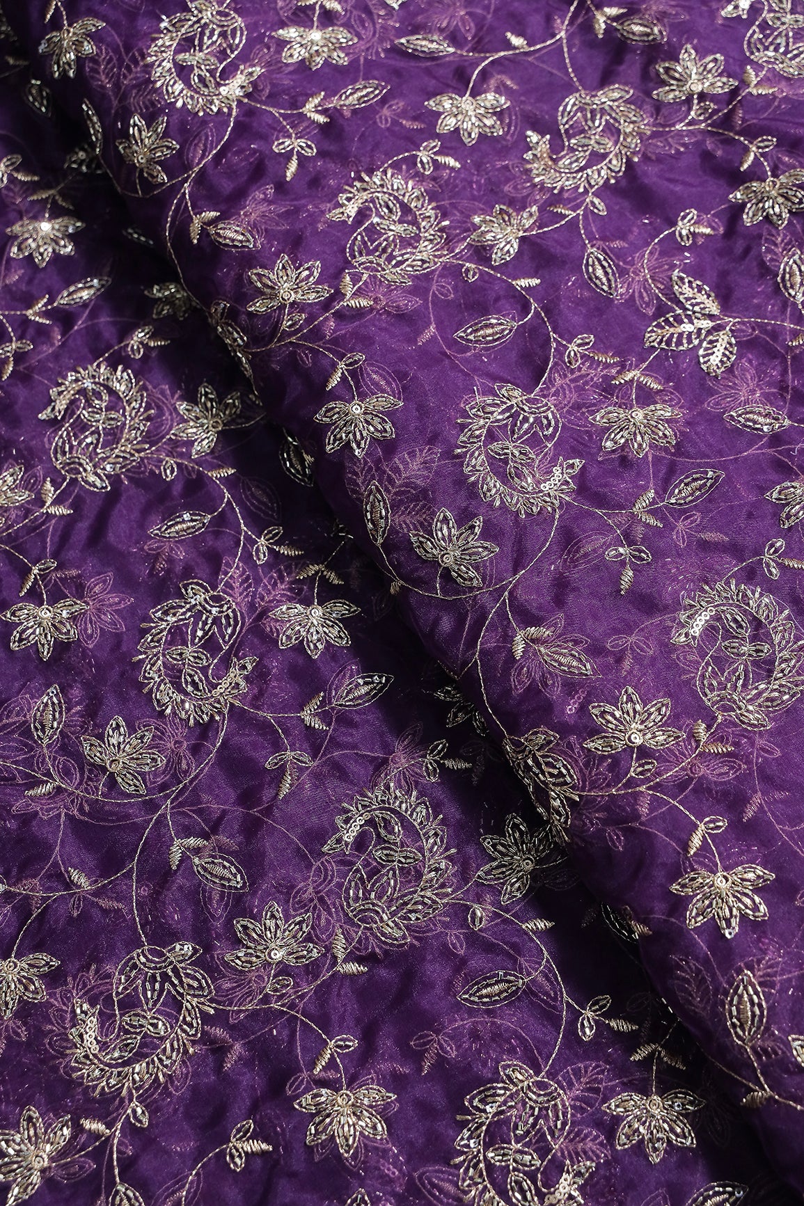 Gold Sequins & Beads With Zari Floral Leafy Paisley Embroidery Work On Purple Organza Fabric