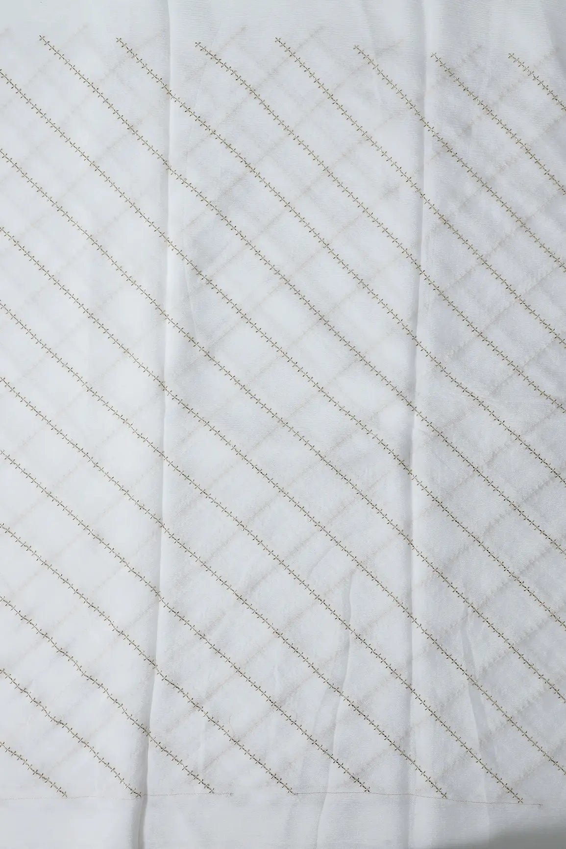 Gold Beads Cut Dana Stripes Embroidery Work On Dyeable White Chinnon Chiffon Fabric
