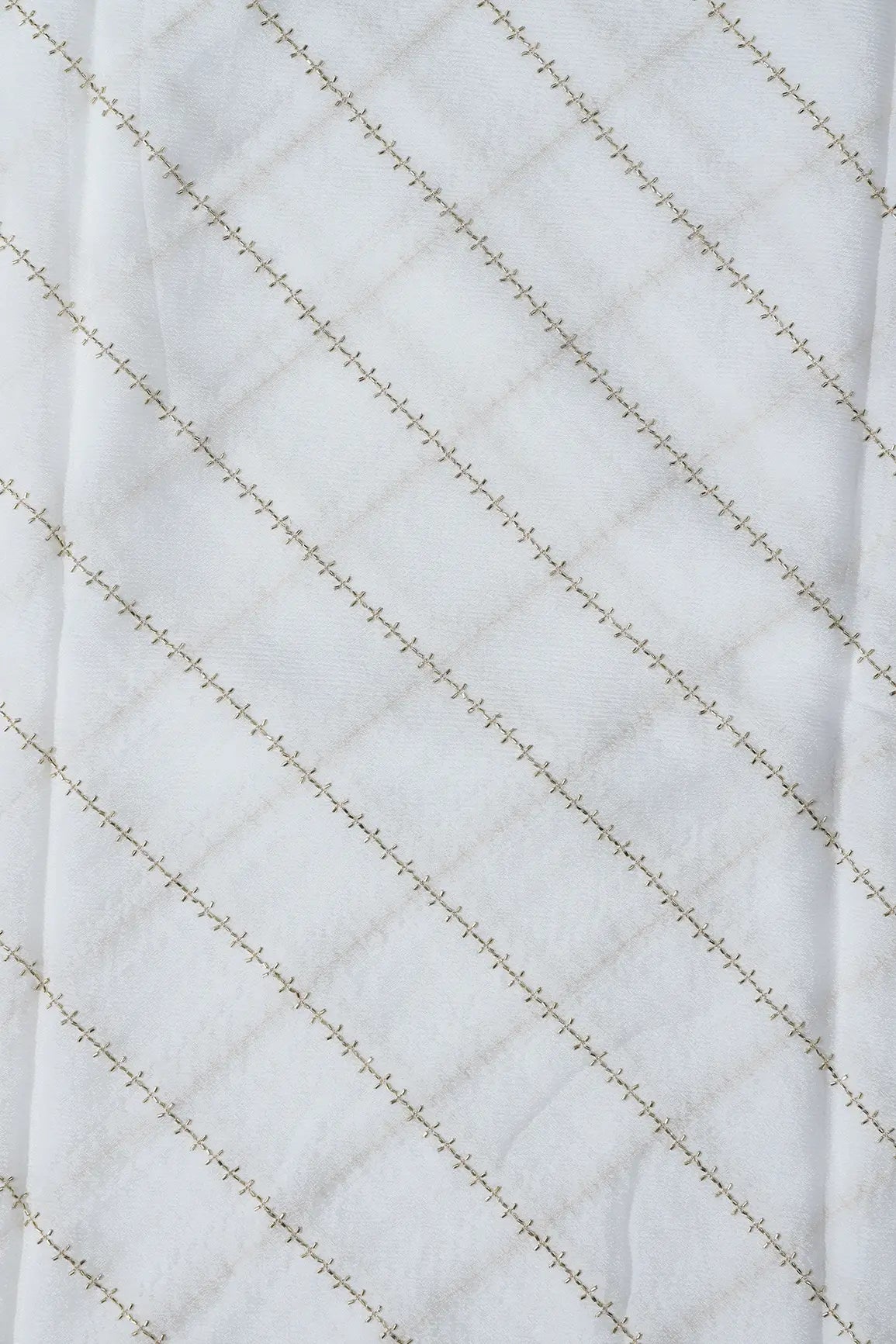Gold Beads Cut Dana Stripes Embroidery Work On Dyeable White Chinnon Chiffon Fabric