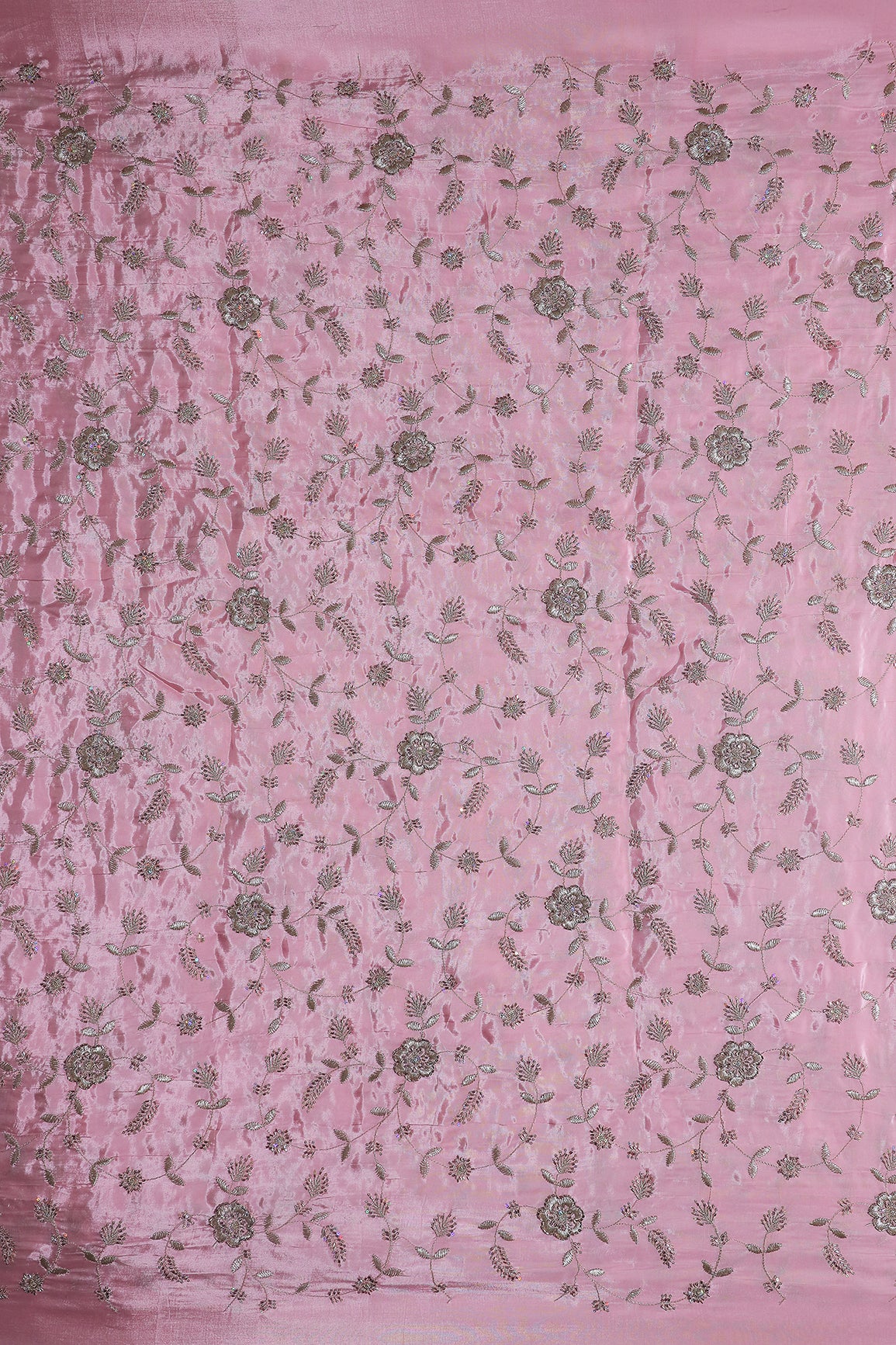 Multi Sequins & Beads With Zari Floral Leafy Embroidery Work On Baby Pink Pure Glass Tissue Organza Fabric