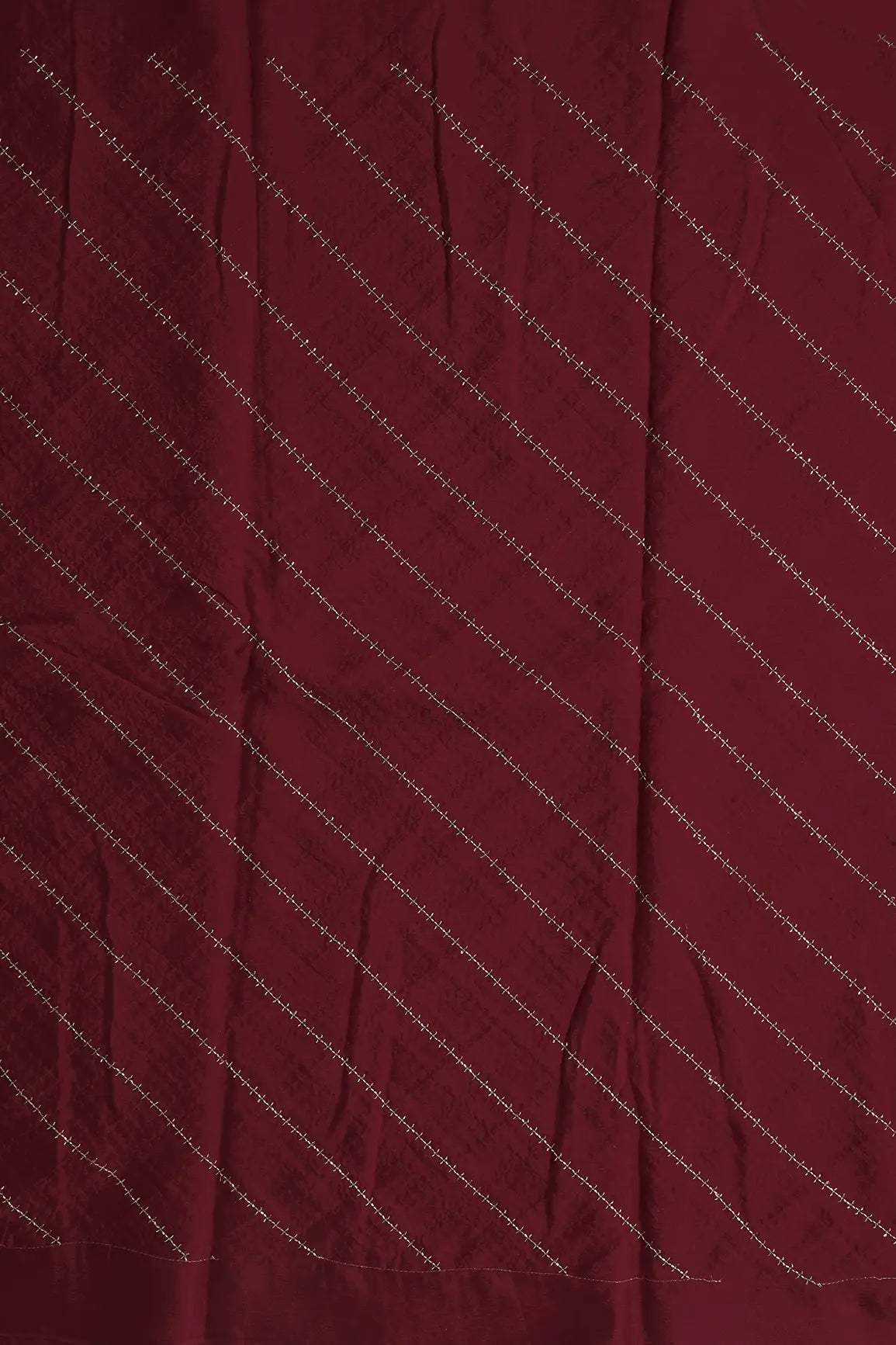 Gold Beads Cut Dana Stripes Embroidery Work On Cherry Red Chinnon Chiffon Fabric