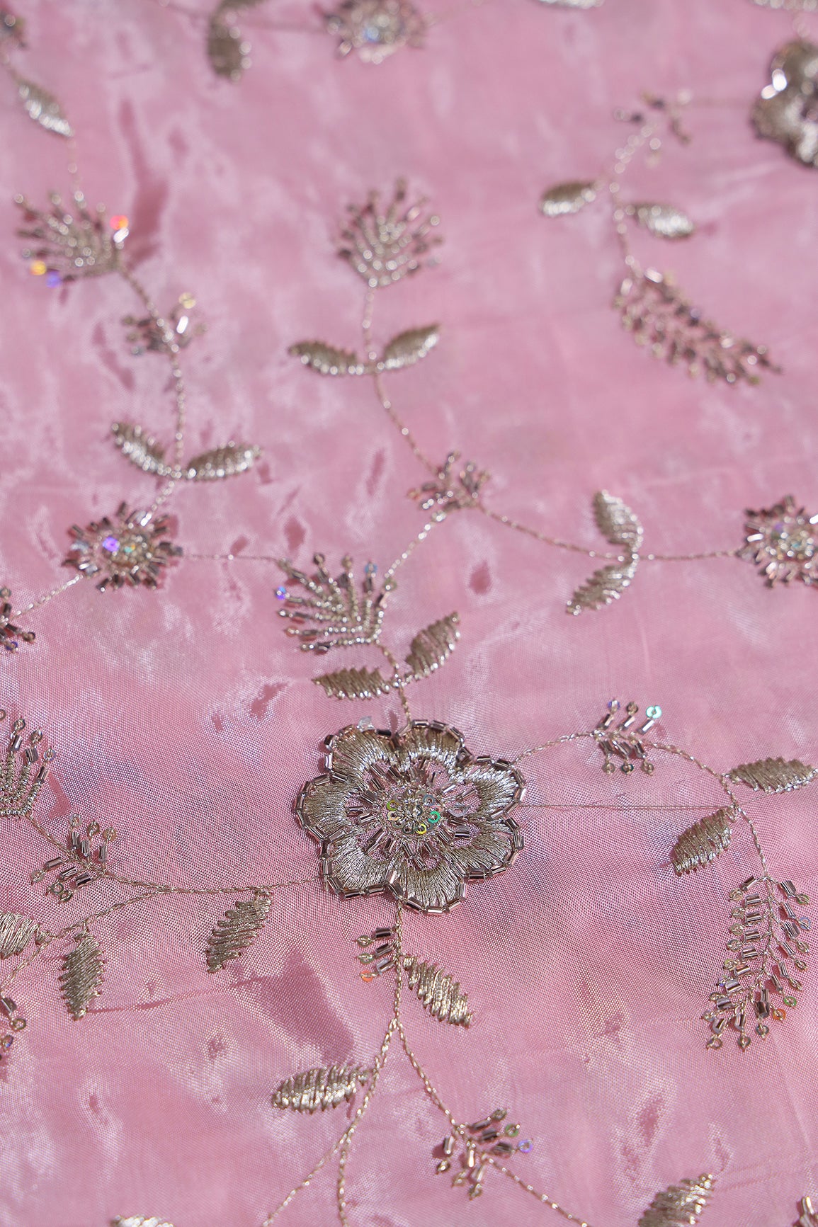 Multi Sequins & Beads With Zari Floral Leafy Embroidery Work On Baby Pink Glass Tissue Organza Fabric