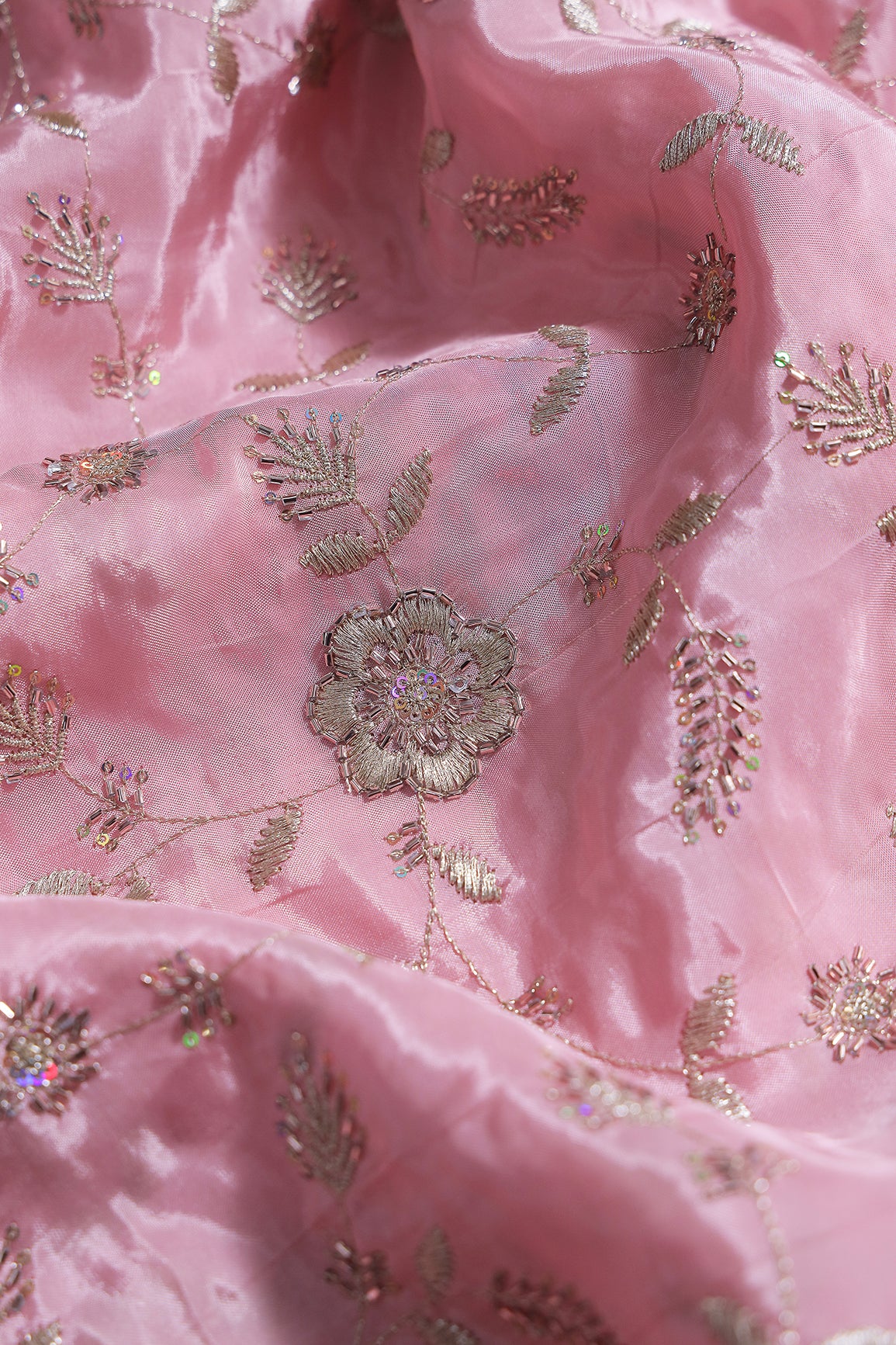 Multi Sequins & Beads With Zari Floral Leafy Embroidery Work On Baby Pink Glass Tissue Organza Fabric
