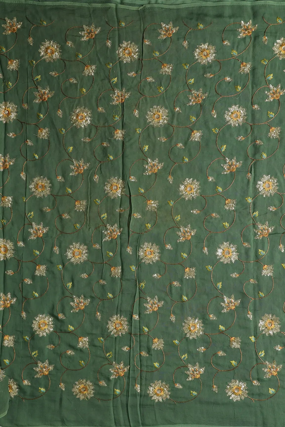 Beautiful Floral Multi Color Thread with Sequins Embroidery Work On Green Muslin Fabric