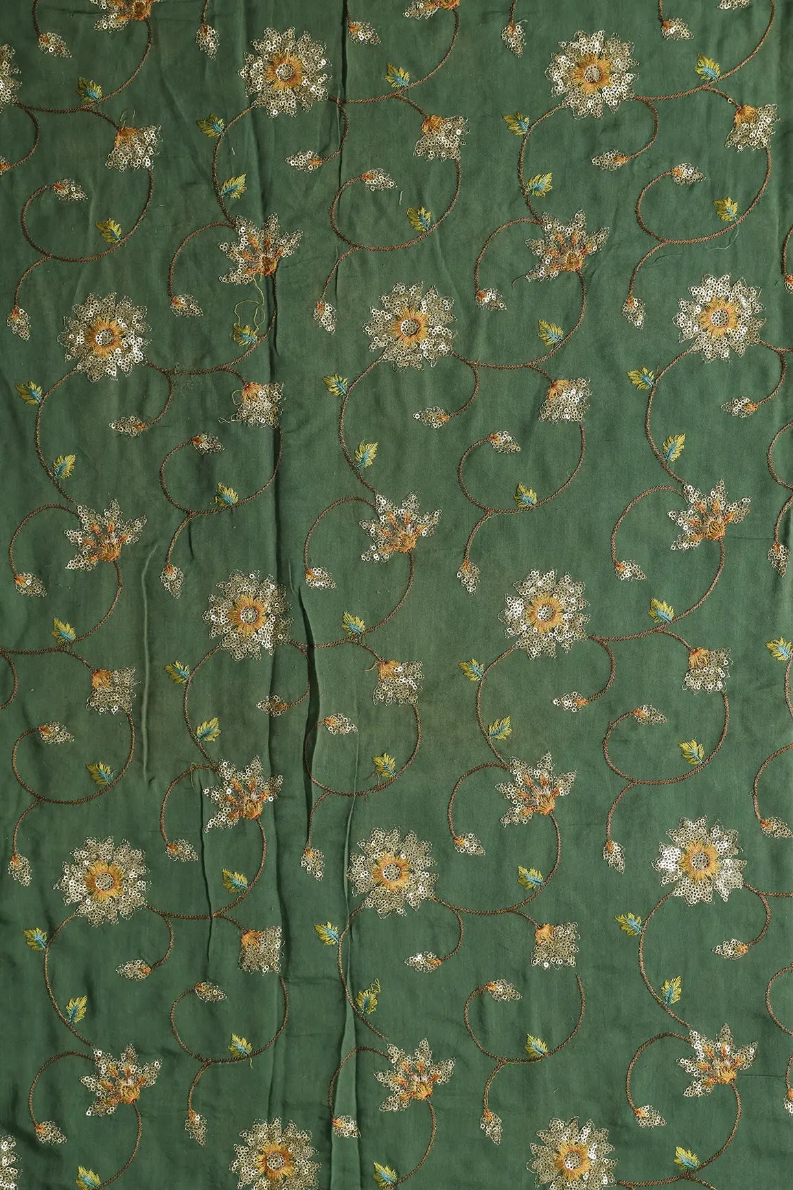 Beautiful Floral Multi Color Thread with Sequins Embroidery Work On Green Muslin Fabric