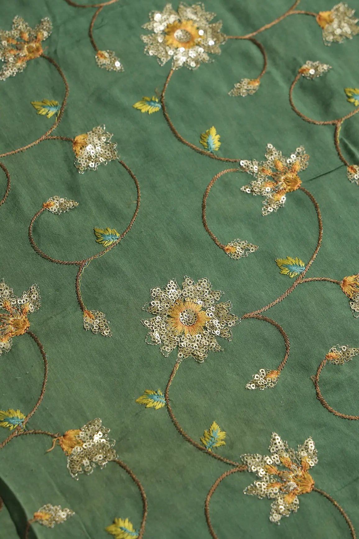 Beautiful Floral Multi Color Thread with Sequins Embroidery Work On Green Muslin Fabric