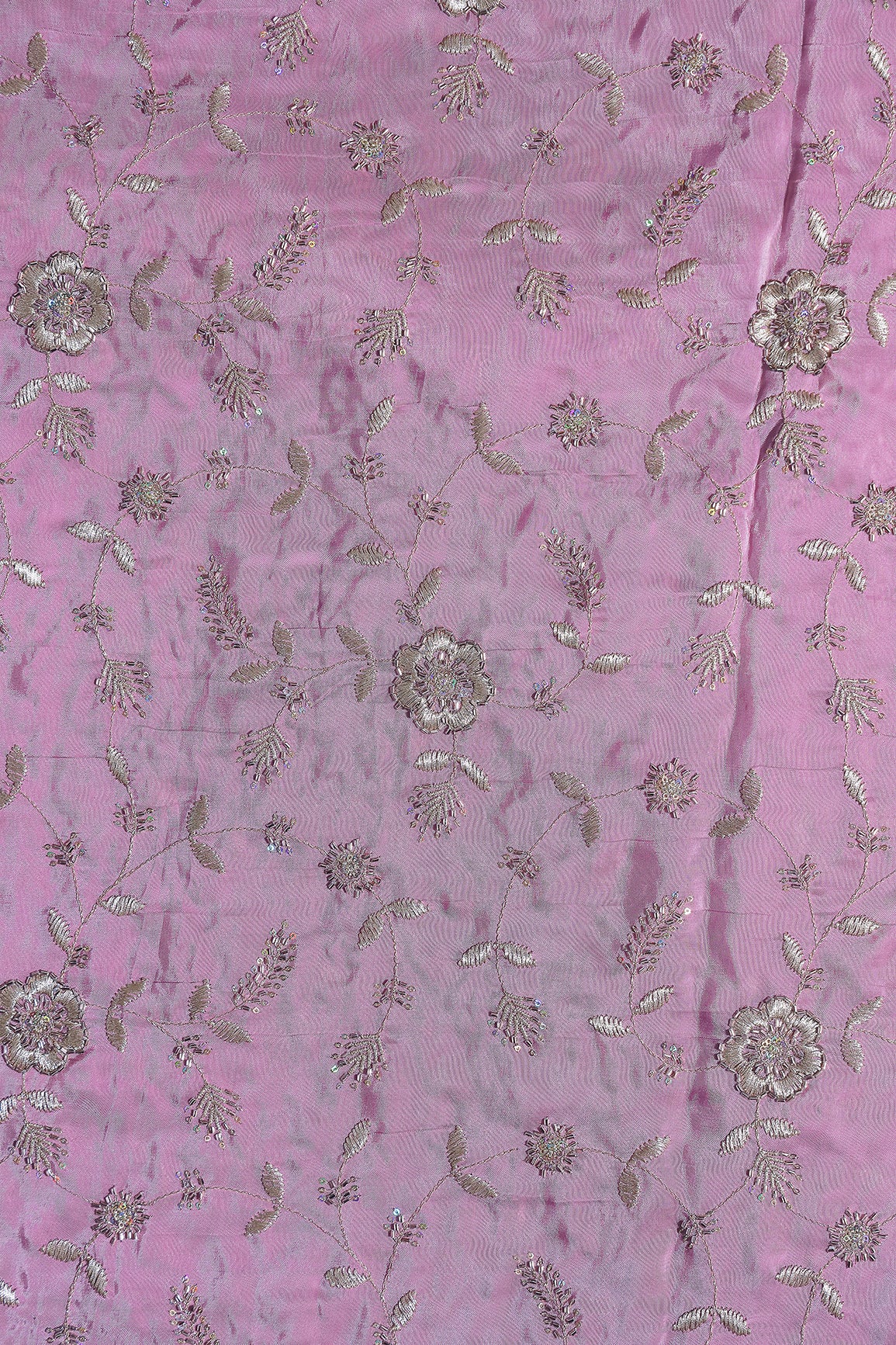 Multi Sequins & Beads With Zari Floral Leafy Embroidery Work On Lavender Glass Tissue Organza Fabric