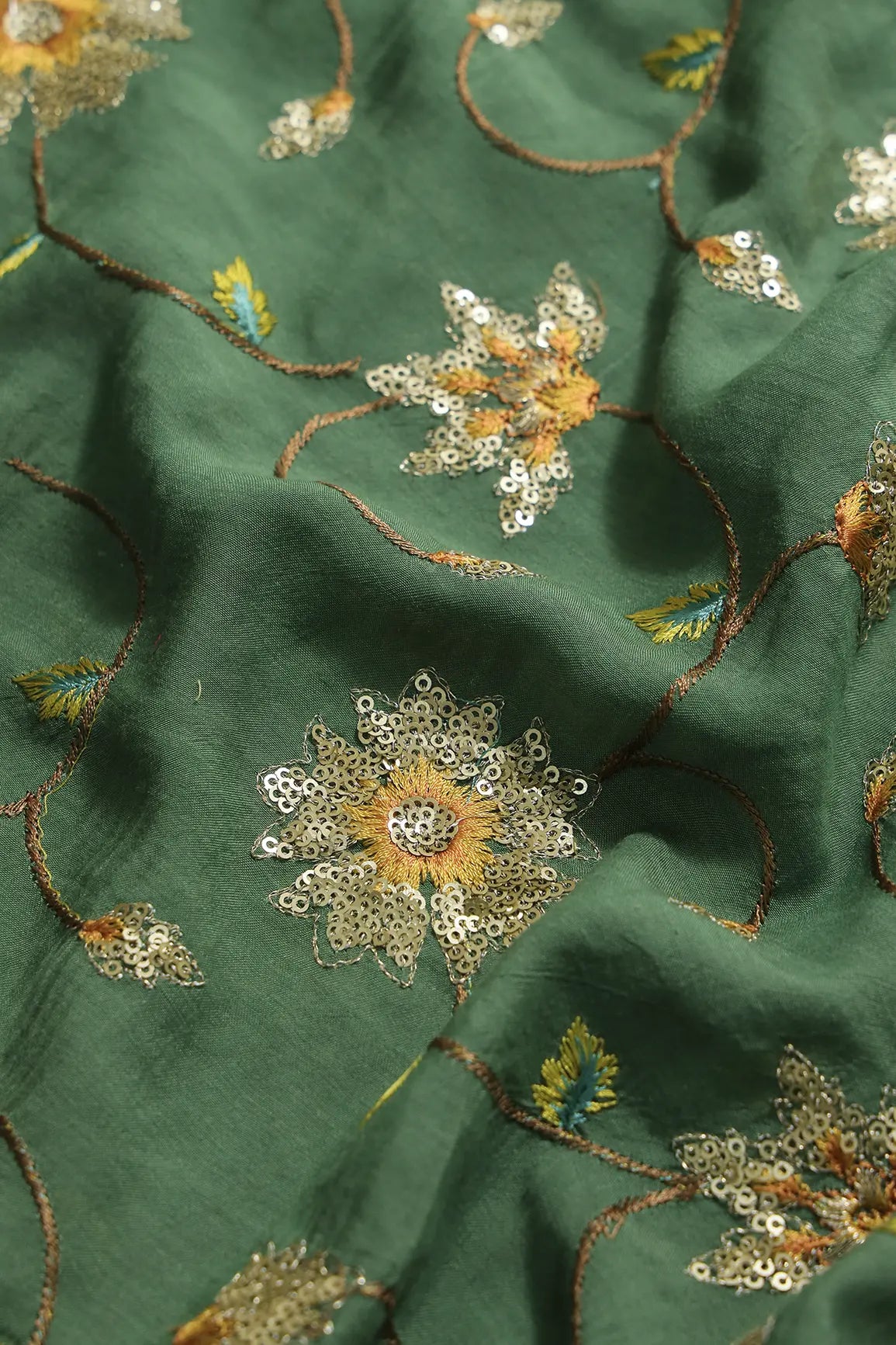 Beautiful Floral Multi Color Thread with Sequins Embroidery Work On Green Muslin Fabric