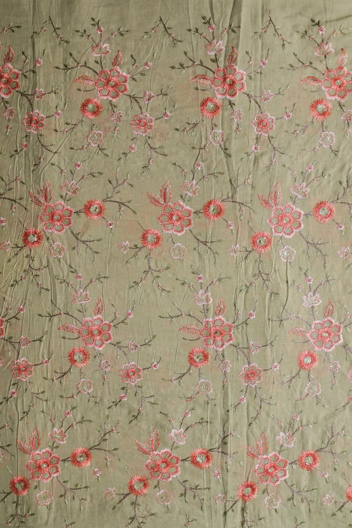 Gold Sequins With Thread Embroidery Work On Light Olive Organic Cotton Fabric