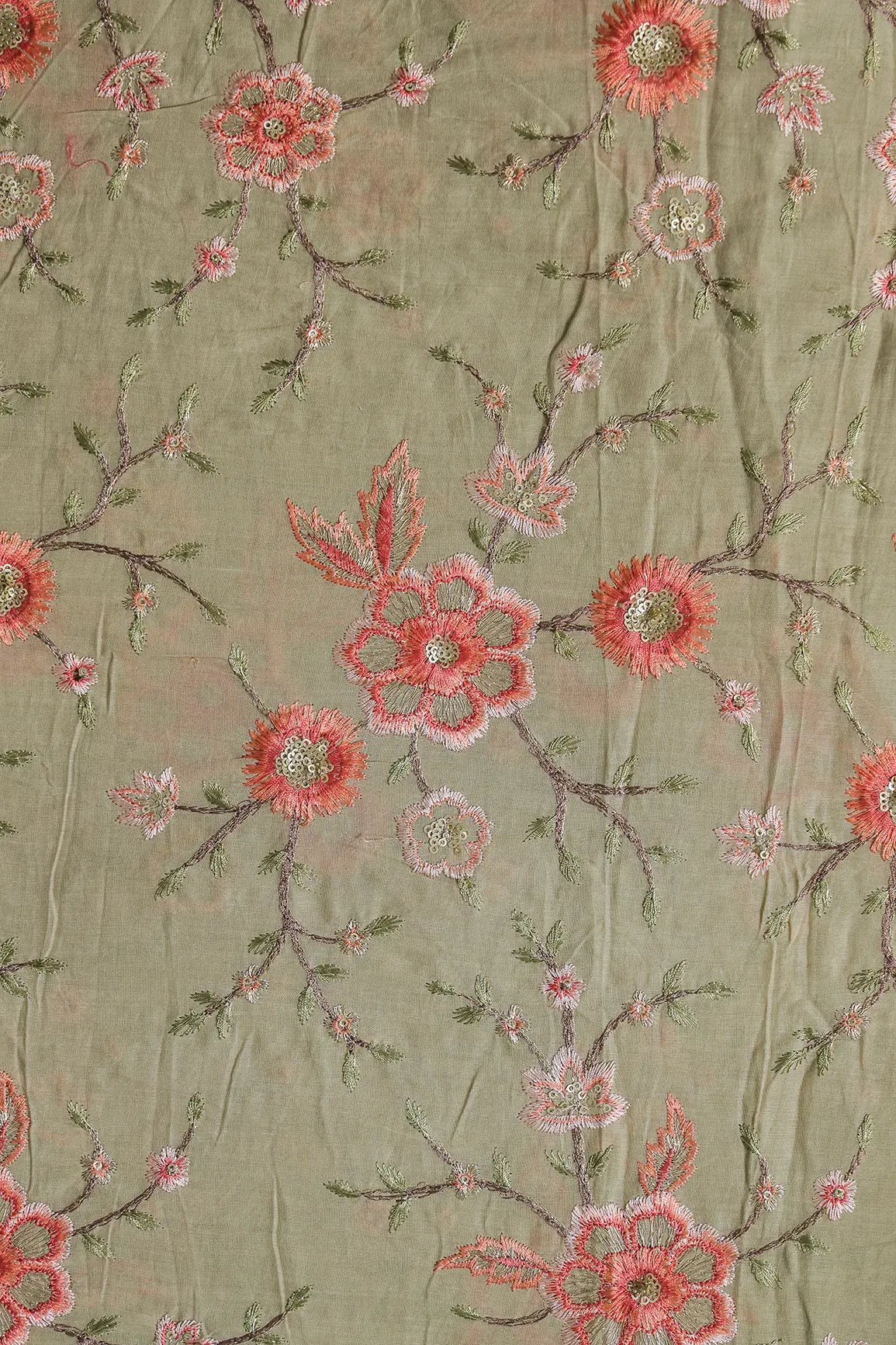 Gold Sequins With Thread Embroidery Work On Light Olive Organic Cotton Fabric