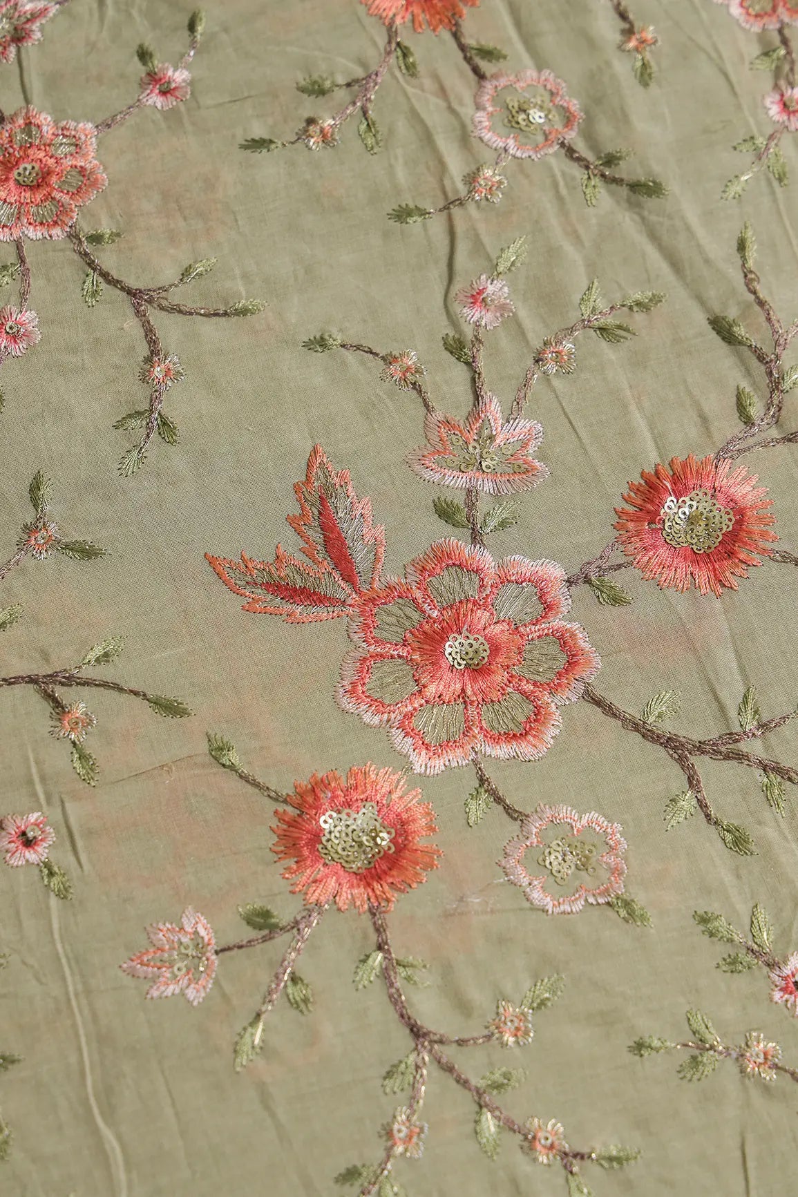 Gold Sequins With Thread Embroidery Work On Light Olive Organic Cotton Fabric