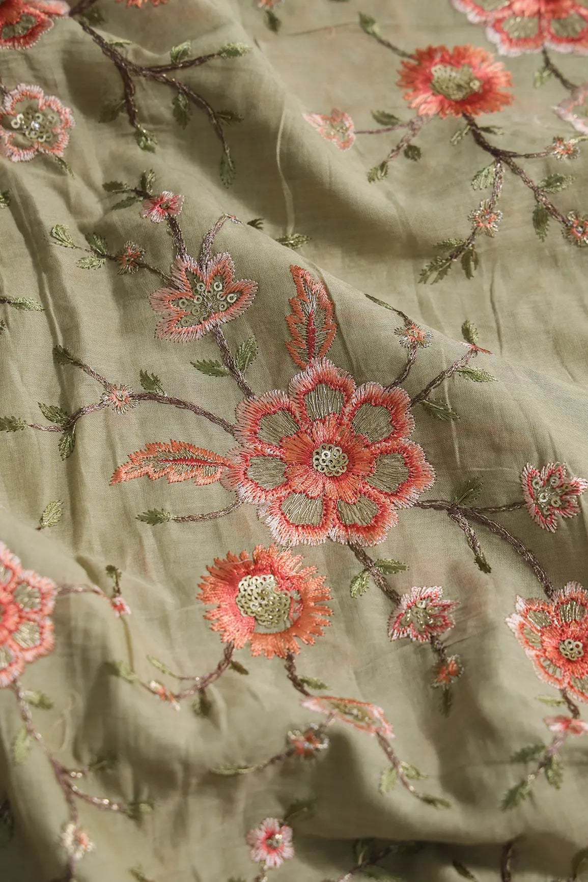 Gold Sequins With Thread Embroidery Work On Light Olive Organic Cotton Fabric