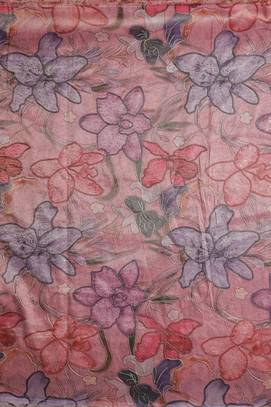 Floral Positional Print On Sequins With Zari Embroidery On Pastel Pink Zari Tissue Fabric