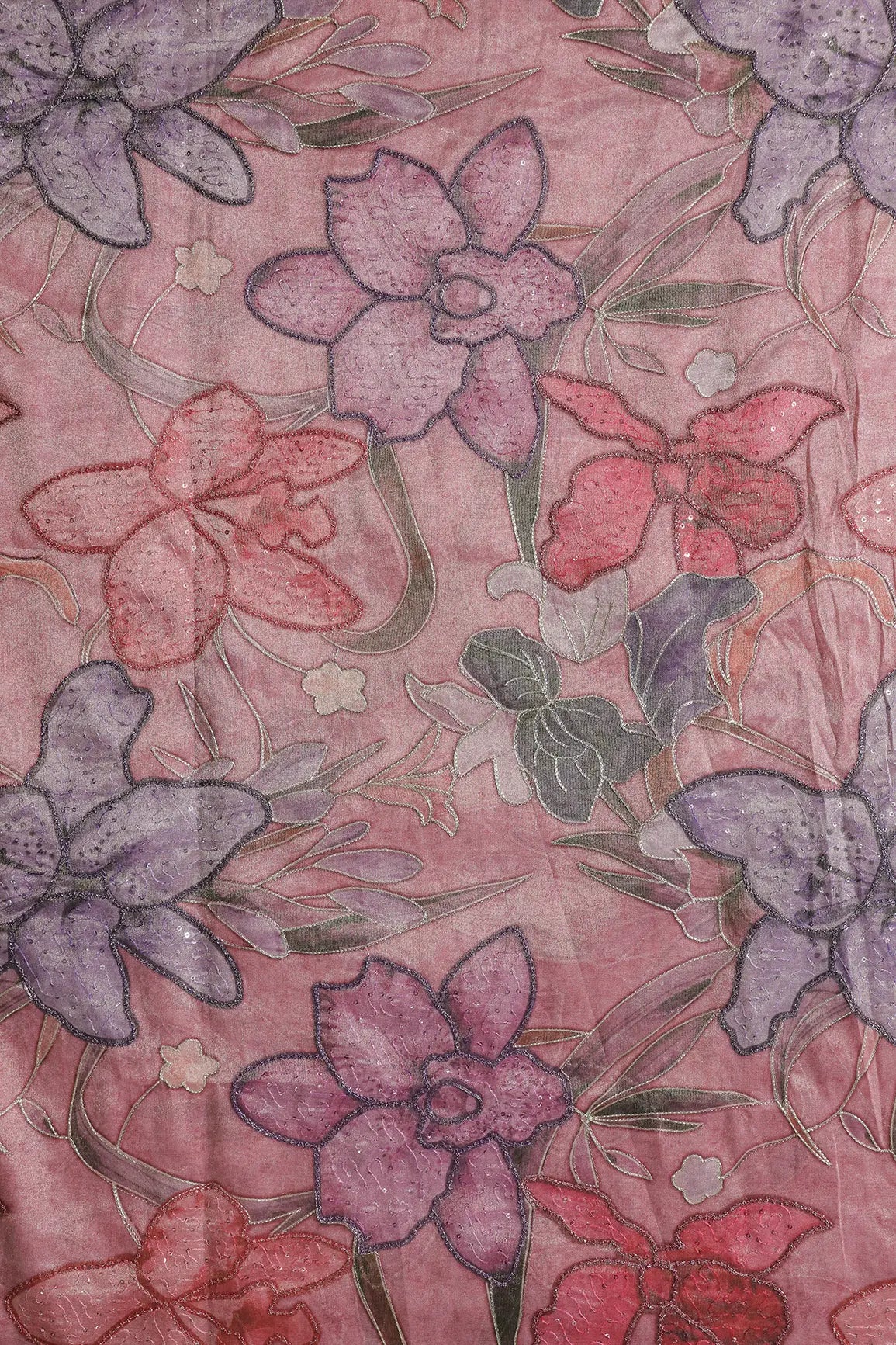 Floral Positional Print On Sequins With Zari Embroidery On Pastel Pink Zari Tissue Fabric